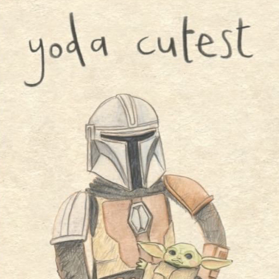 New baby card featuring an illustration of Mando the bounty hunter carrying baby Yoda, inspired by Star Wars.