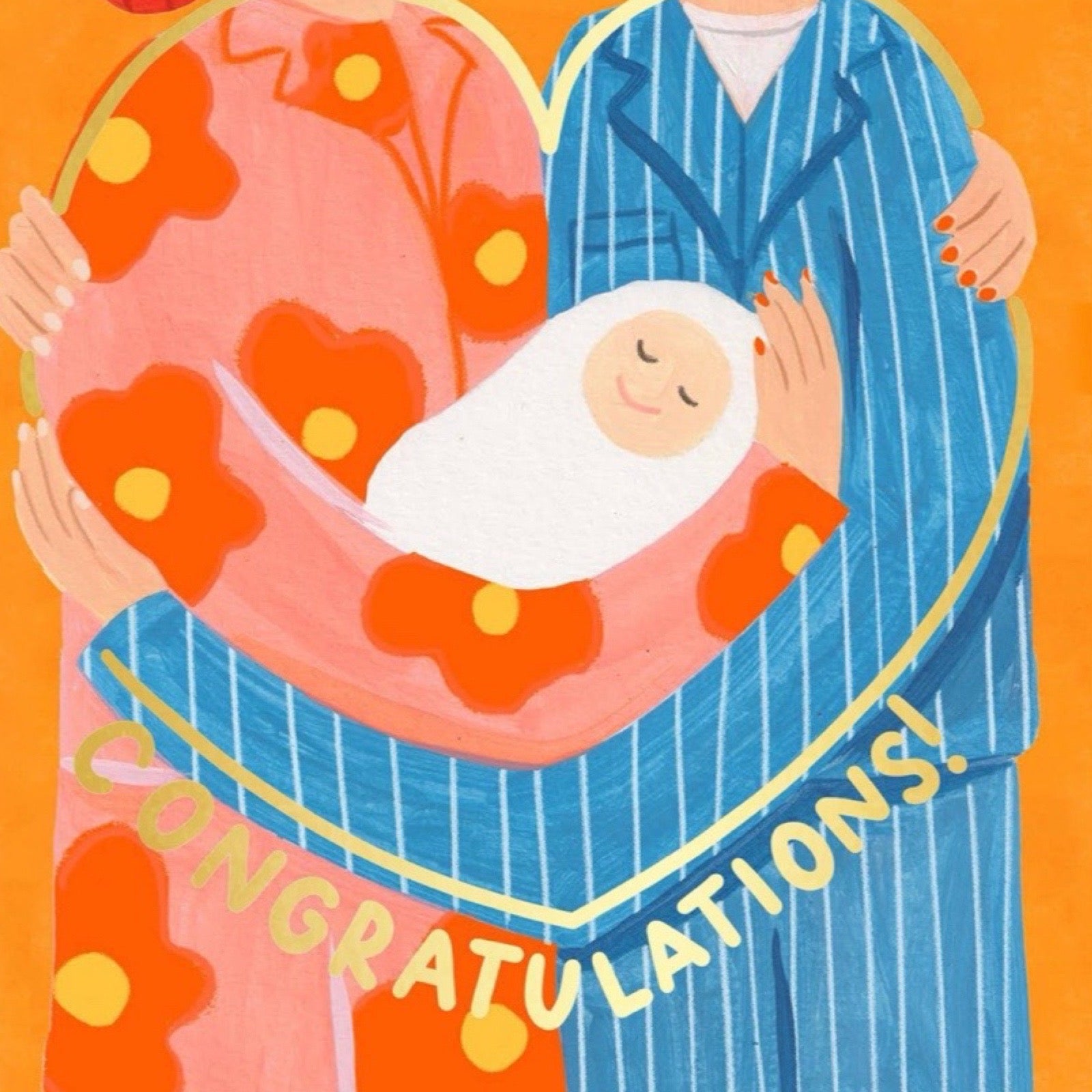 Illustration of a baby wrapped in a blanket with 'Congratulations!' text, held by two people against an orange background.