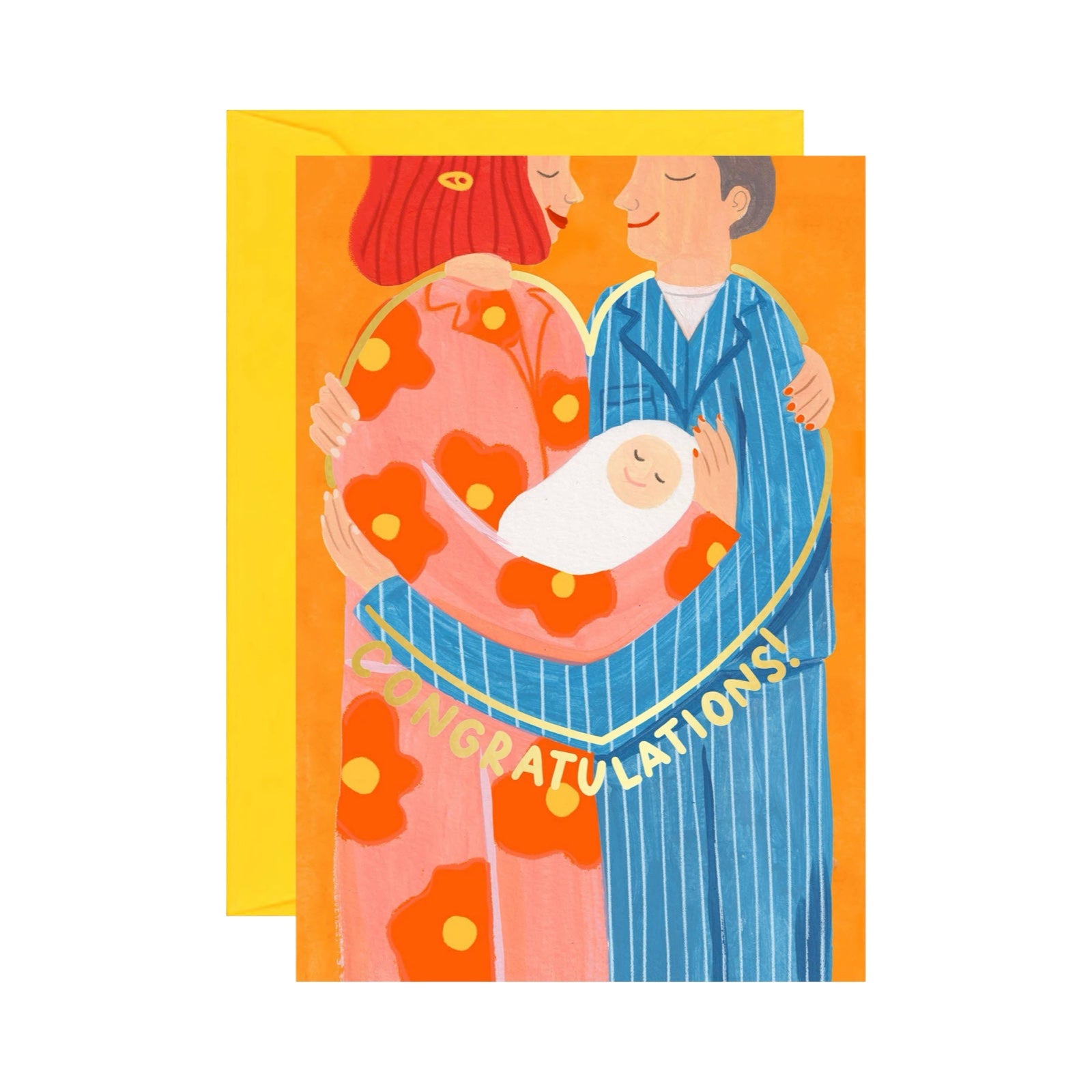 Greeting card with illustration of a couple holding a baby, surrounded by hearts and flowers, with 'Congratulations!' text.