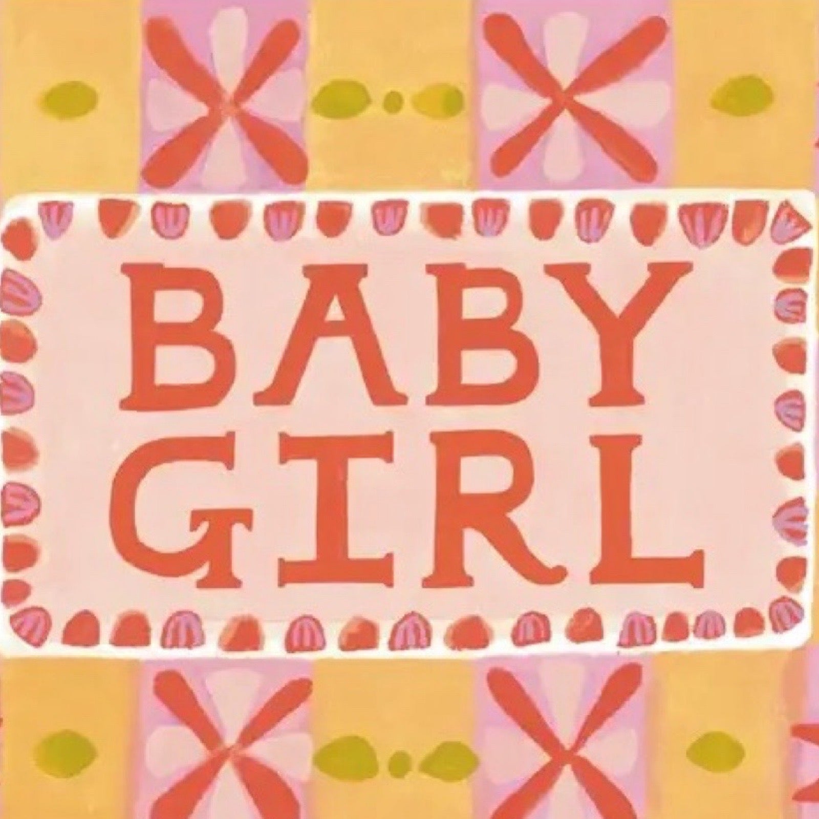 Colorful card with 'BABY GIRL' text on a patterned background.