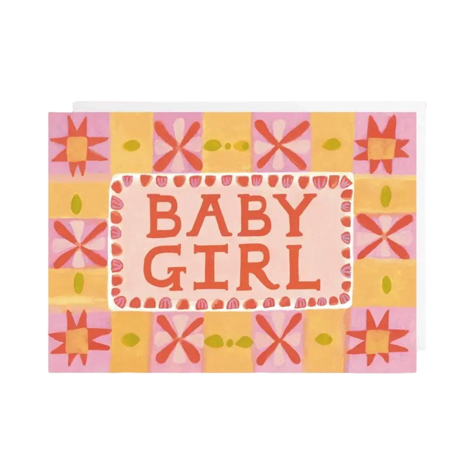Colorful card with 'BABY GIRL' text on a patterned background.