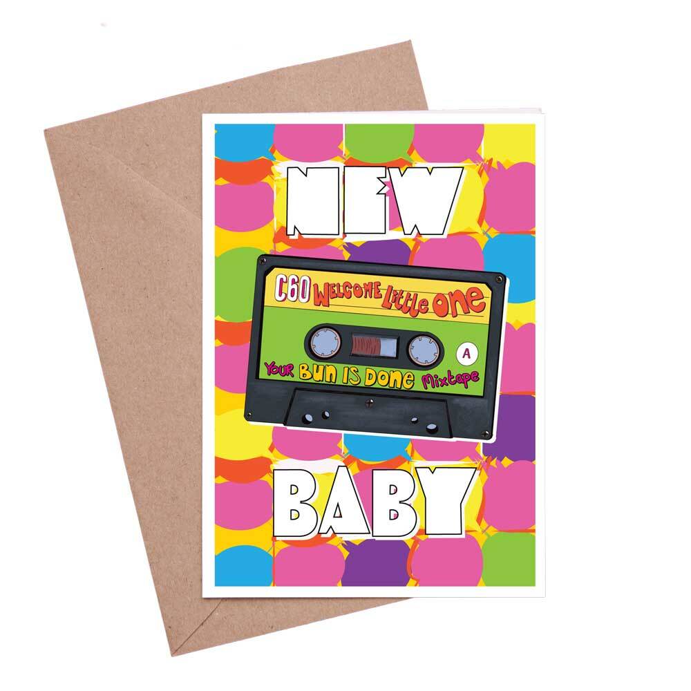 New Baby Greeting card featuring a mix tape with the name 'Welcome little one - your bun is done' with a multicoloured balloon background
