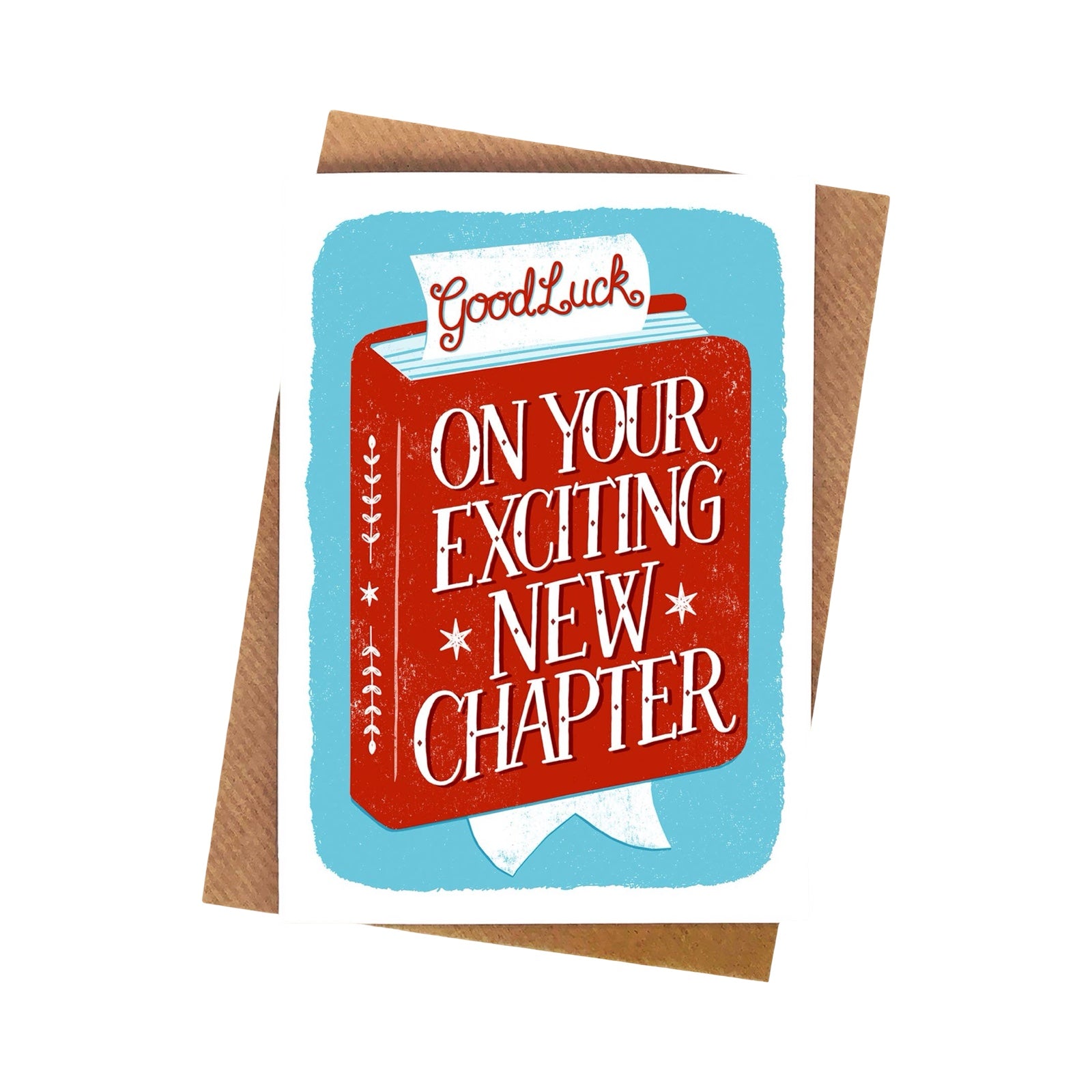 Greeting card with 'Good Luck on Your Exciting New Chapter' text on a blue background.