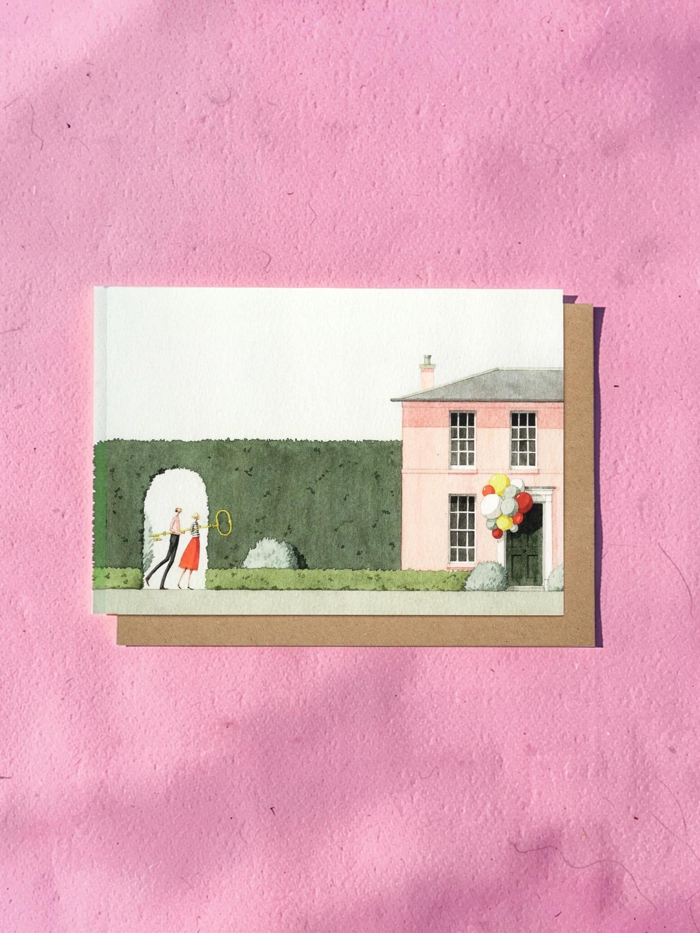 Illustration of a house with people and balloons on a pink textured background.
