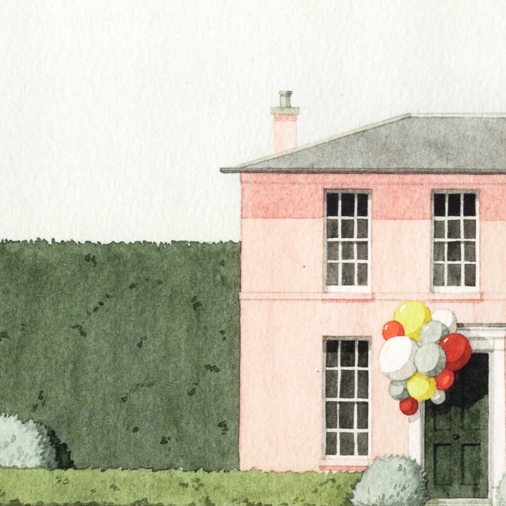 Illustration of a pink house with balloons in front, green grass, and trees.