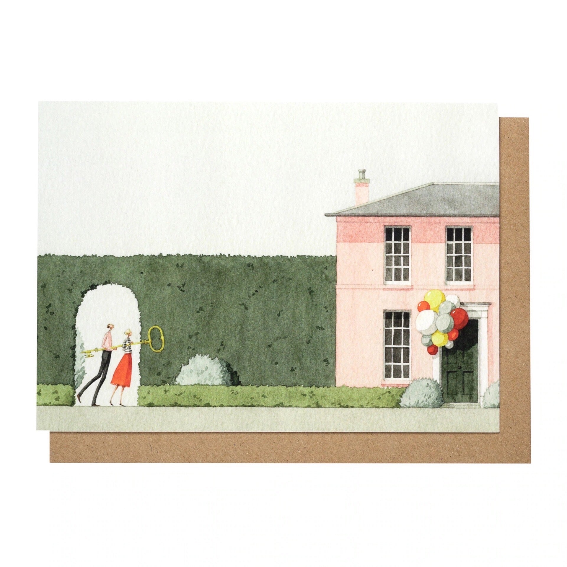 A new home card featuring an illustration of a couple with the key to their new home.