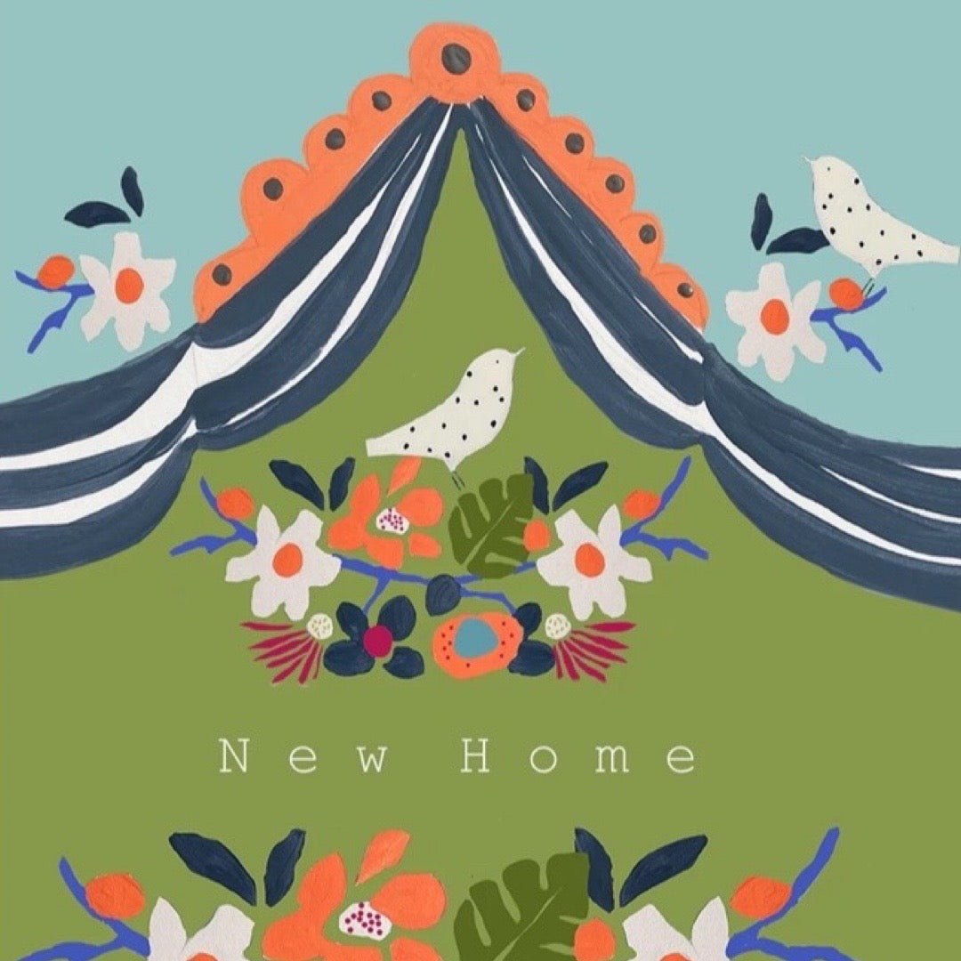 New home card featuring white birds and colourful flowers in the grass against a blue and orange tent.