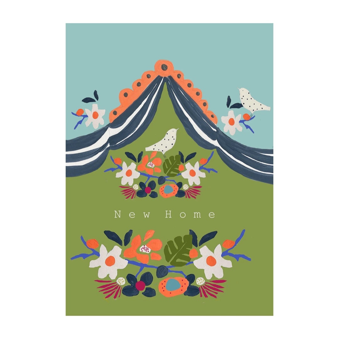 New home card featuring white birds and colourful flowers in the grass against a blue and orange tent.