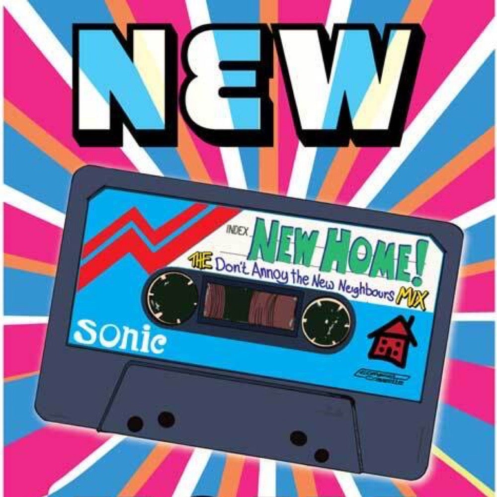 Cassette tape with 'New Home' mixtape label on a colorful background.
