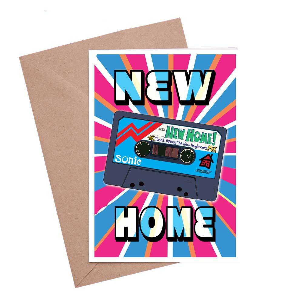 New Home Greeting card featuring a mix tape with the name 'The don't annoy new neighbours mix' with a blue and pink background