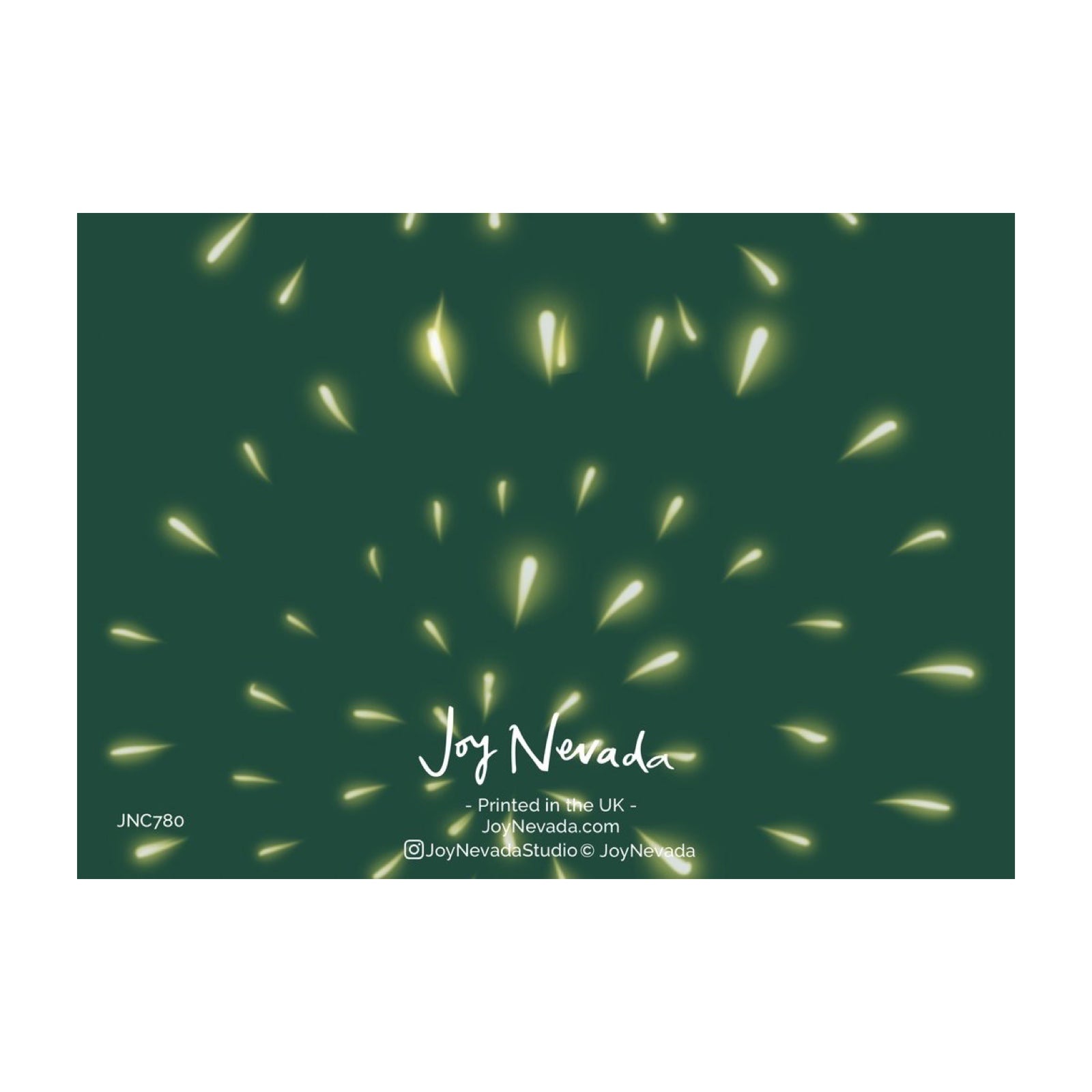 The green back of a greetings card with yellow fireworks going off.