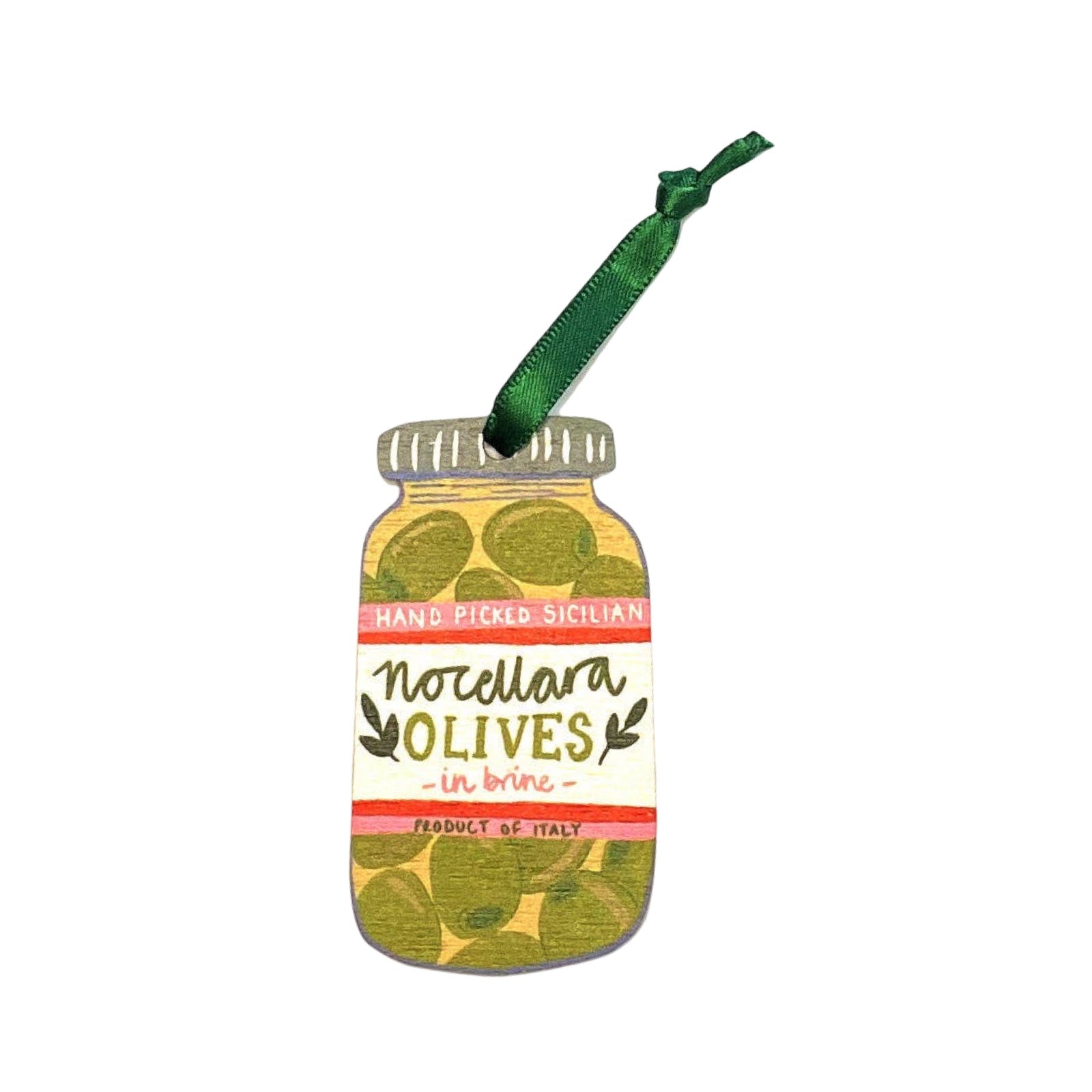 A wooden Christmas decoration of a jar of delicious Nocellara olives.