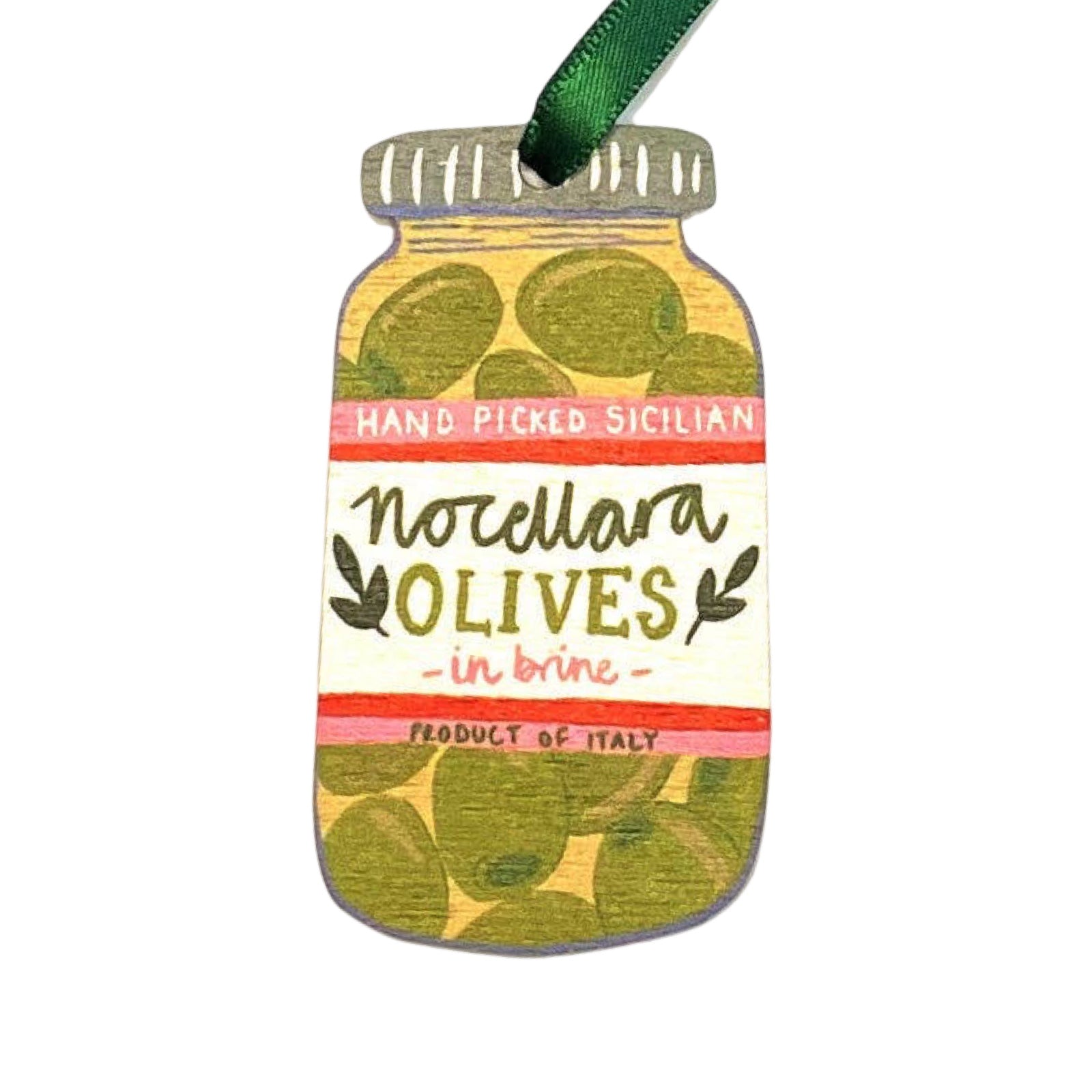 A wooden Christmas decoration of a jar of delicious Nocellara olives.