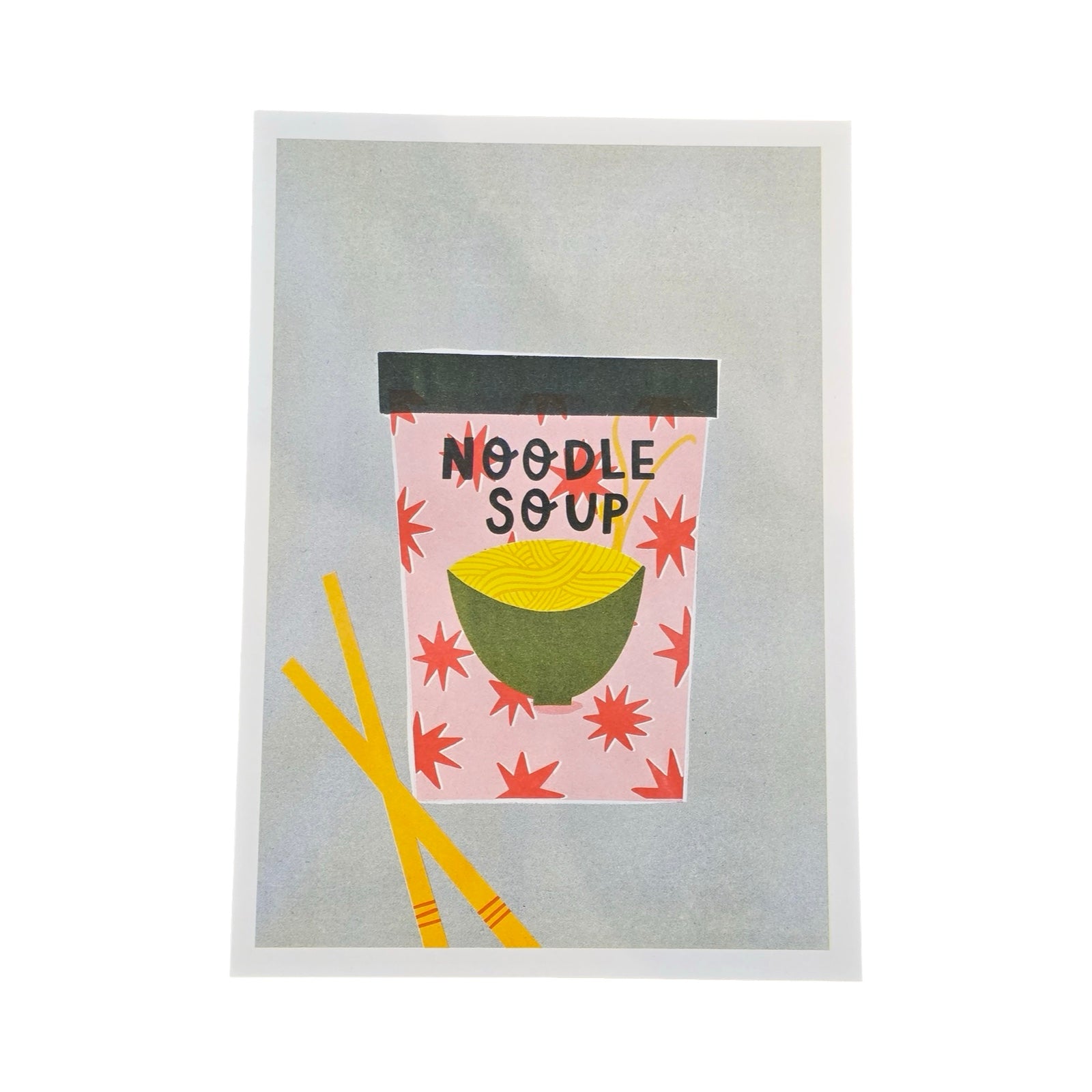 This print features an illustration of a colourful tub of noodle soup. 