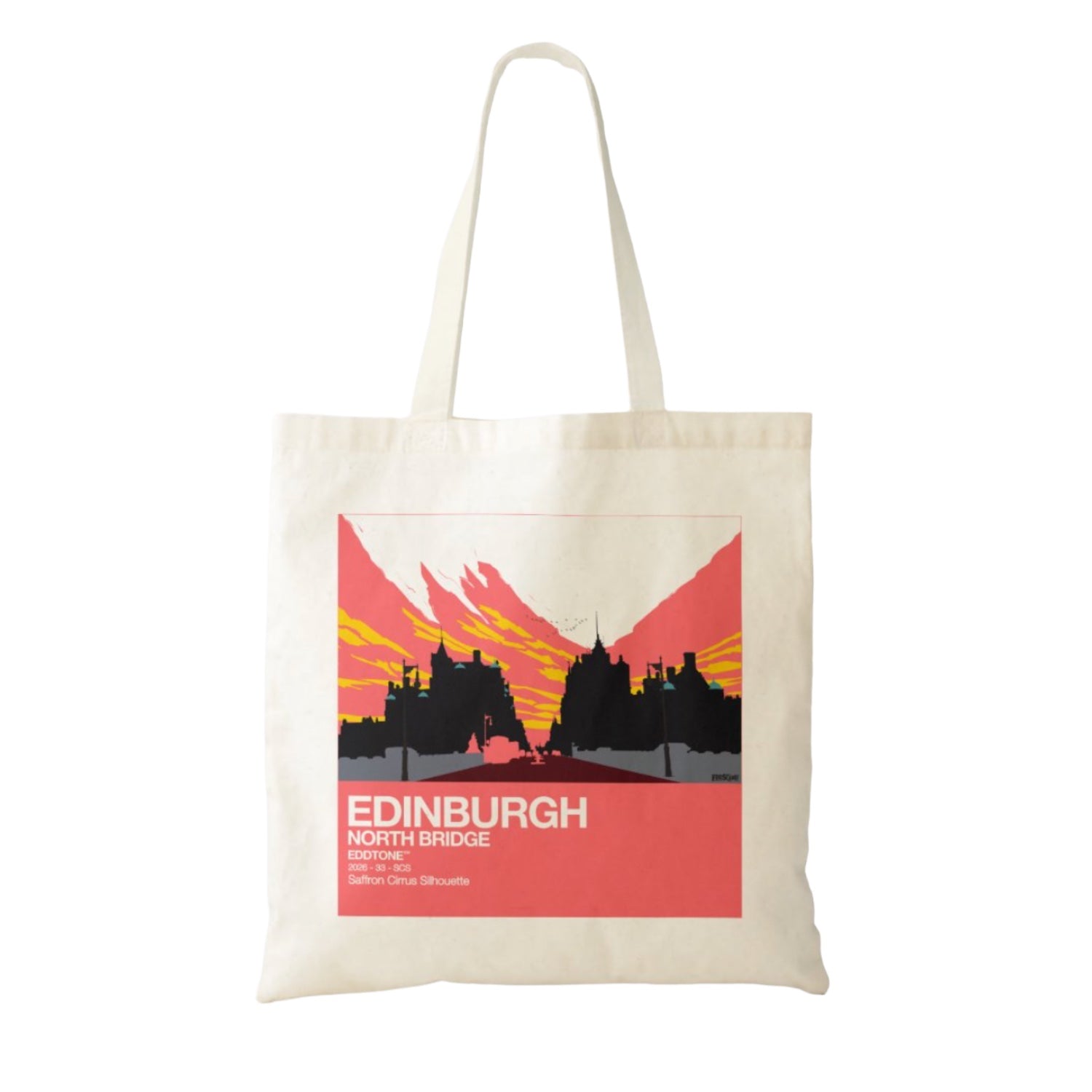 This tote bag features a square design of an illustration of North Bridge, Edinburgh