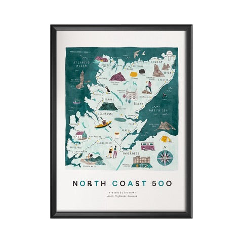 Print of the North Coast 500 featuring well-known landmarks such as Dunrobin Castle and Sheildiag as it follows the 516-mile route around the Highlands of Scotland.