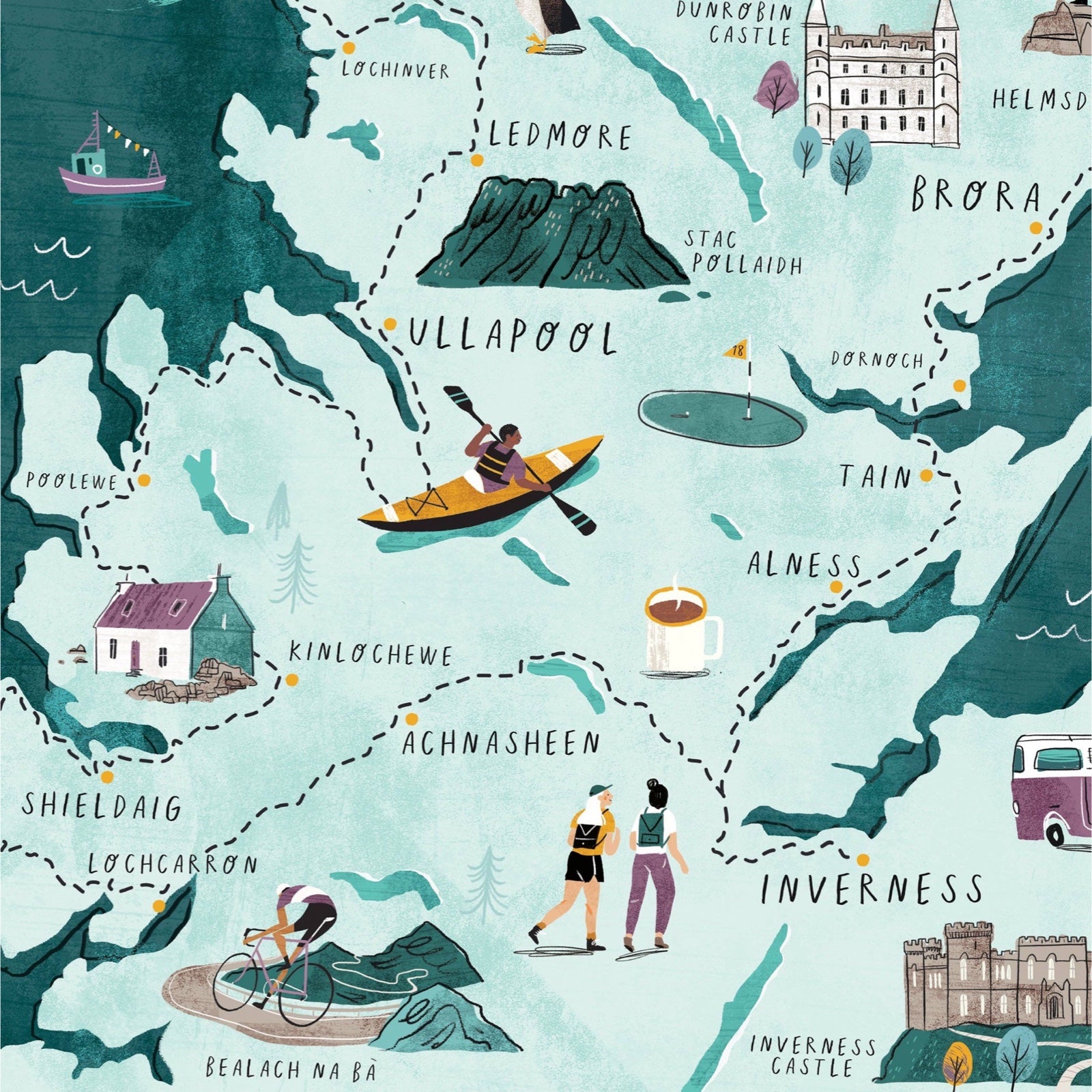Print of the North Coast 500 featuring well-known landmarks such as Dunrobin Castle and Sheildiag as it follows the 516-mile route around the Highlands of Scotland.