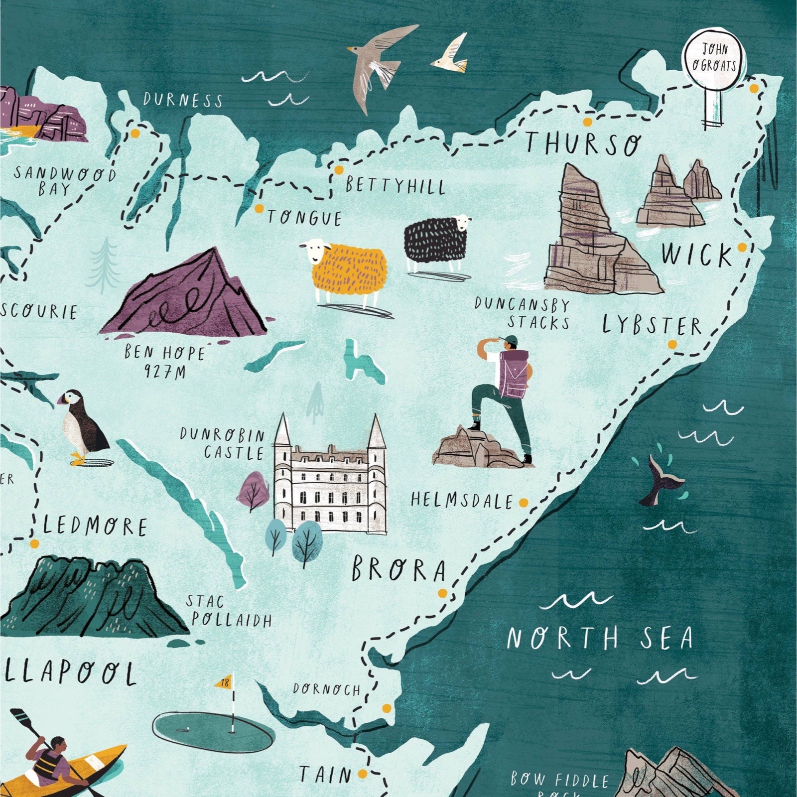 Print of the North Coast 500 featuring well-known landmarks such as Dunrobin Castle and Sheildiag as it follows the 516-mile route around the Highlands of Scotland.
