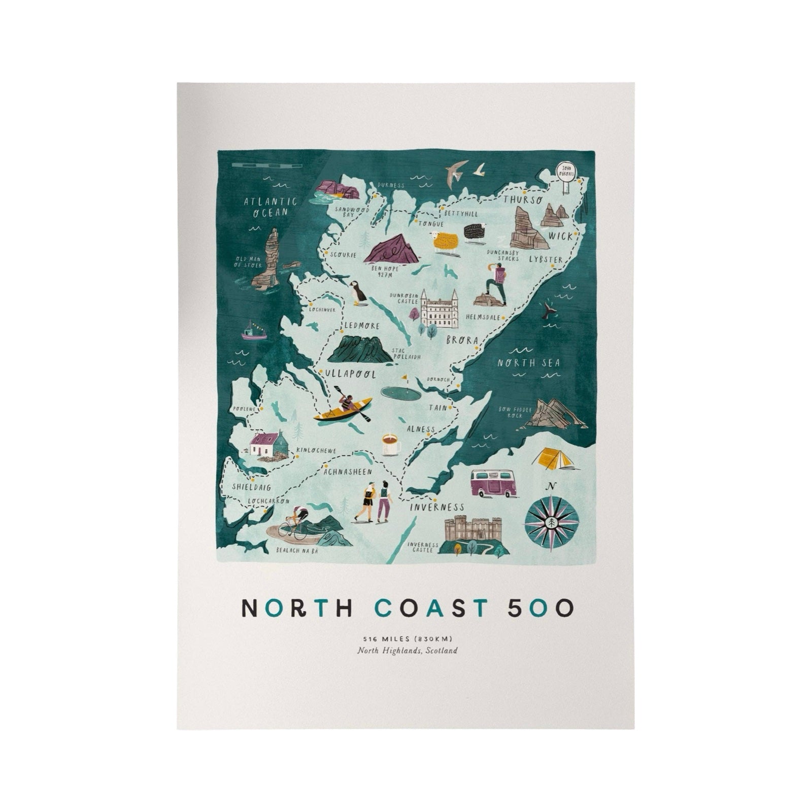 Print of the North Coast 500 featuring well-known landmarks such as Dunrobin Castle and Sheildiag as it follows the 516-mile route around the Highlands of Scotland.