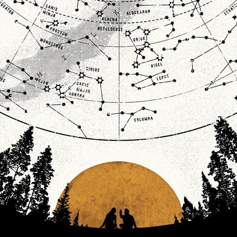Black and white print featuring the northern lights mapped out in the sky, and a mustard-coloured sun setting behind the mountains. 