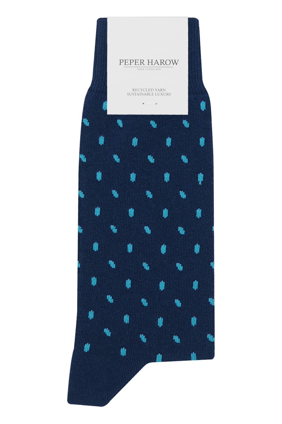 Navy sock with blue pattern and Peper Harow label on a white background.
