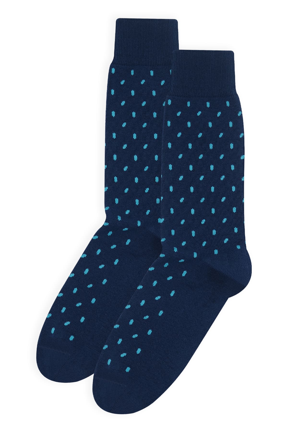 Navy blue socks with light blue polka dots on a white background.