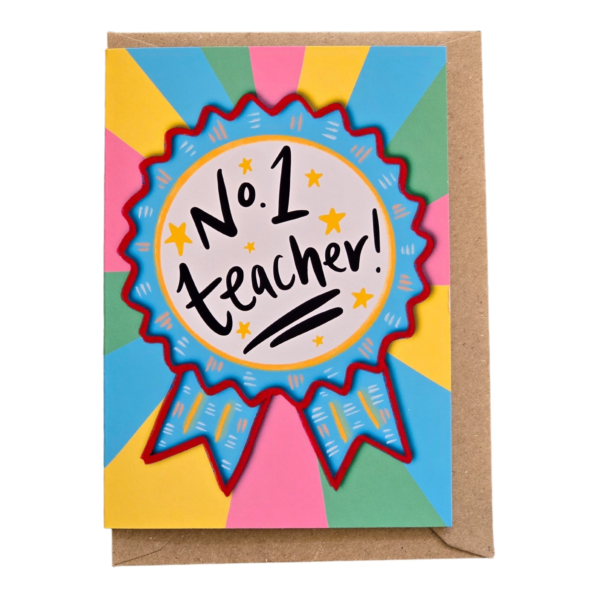 An image of a card that says number on teacher on a rosette with a rainbow background.