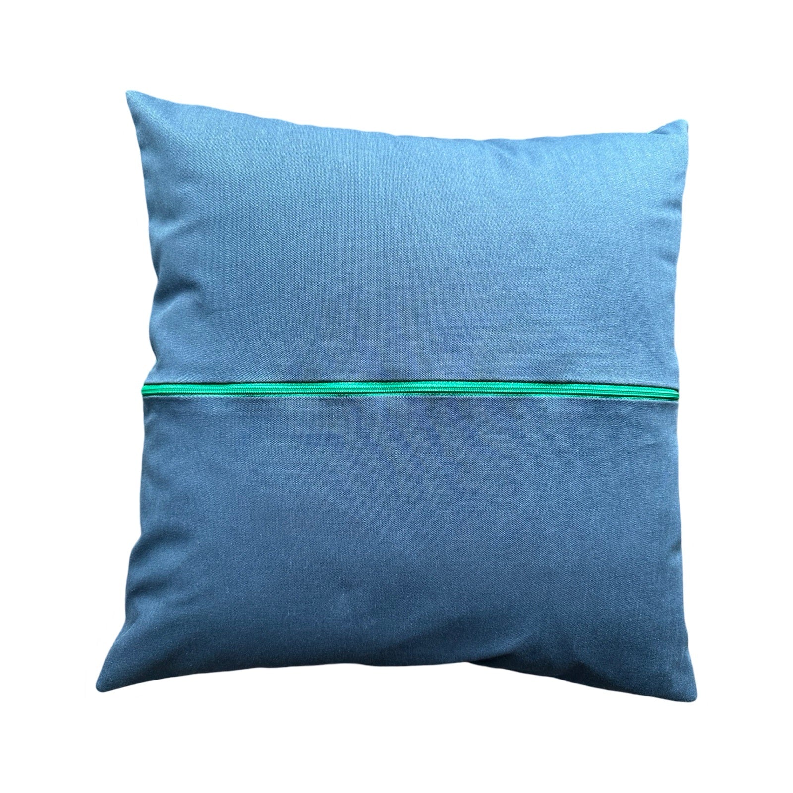 A blue cushion cover back green central zip.