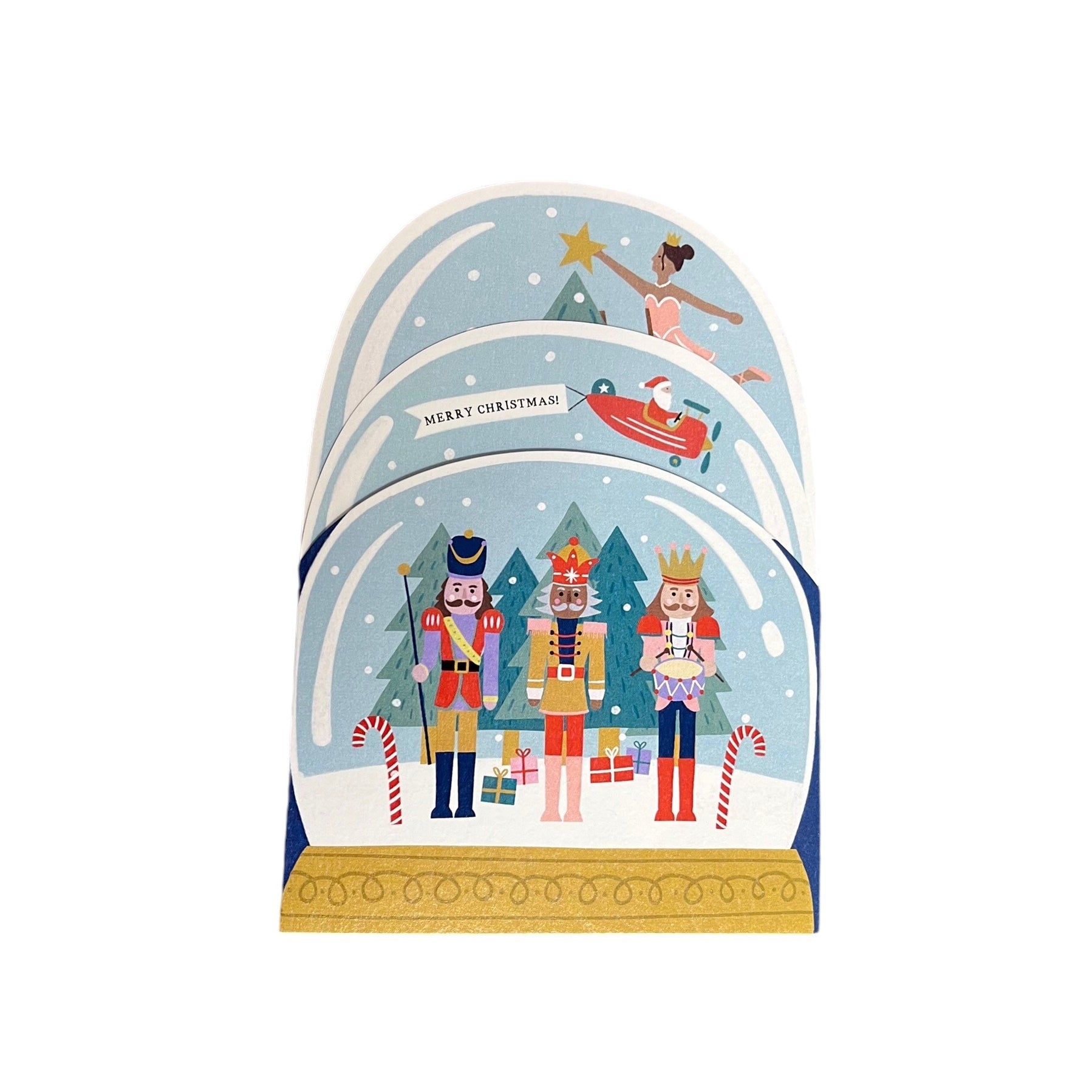 Concertina card of three snow globes, including: nutcrackers, a reindeer carousel with Father Christmas in an aeroplane, and the Mouse King, Prince, and Sugarplum Fairy decorating a Christmas Tree. Text reads 'Merry Christmas'.