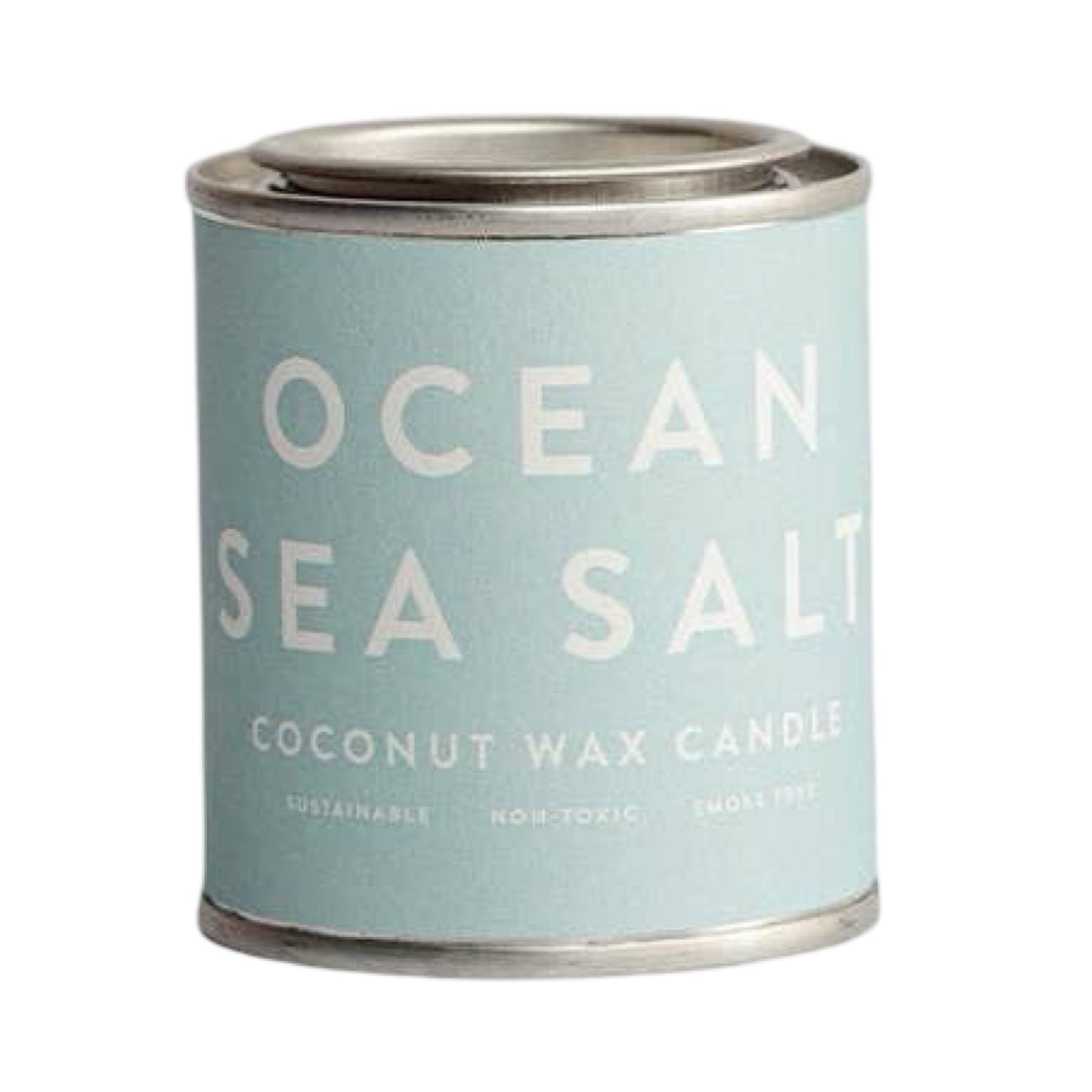 an ocean sea salt coconut wax candle in a small paint tin with a pale blue label