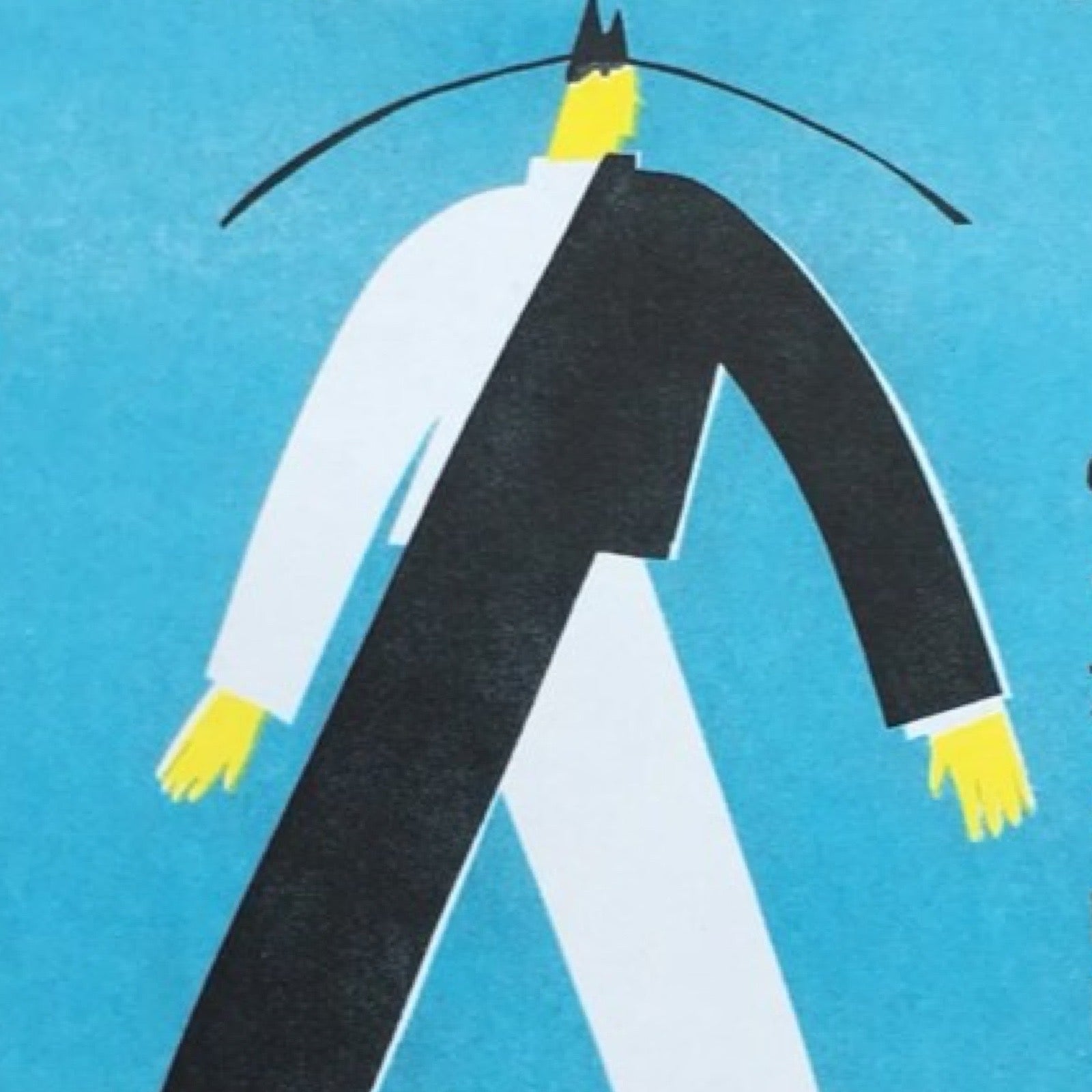 Risograph print of a person in a monochrome outfit going out for a stroll against a teal background.