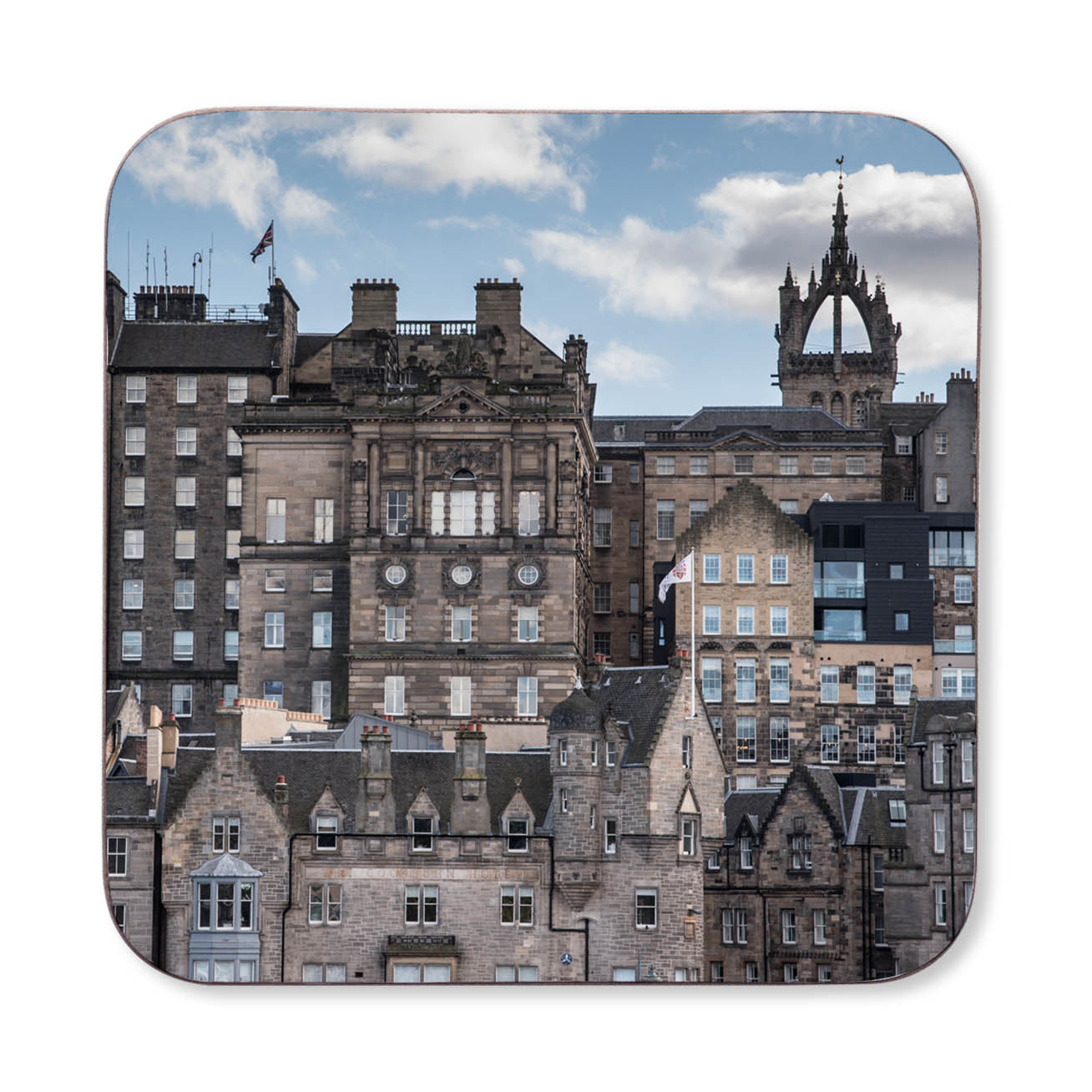 An image of Edinburgh's Old Town on a coaster. 