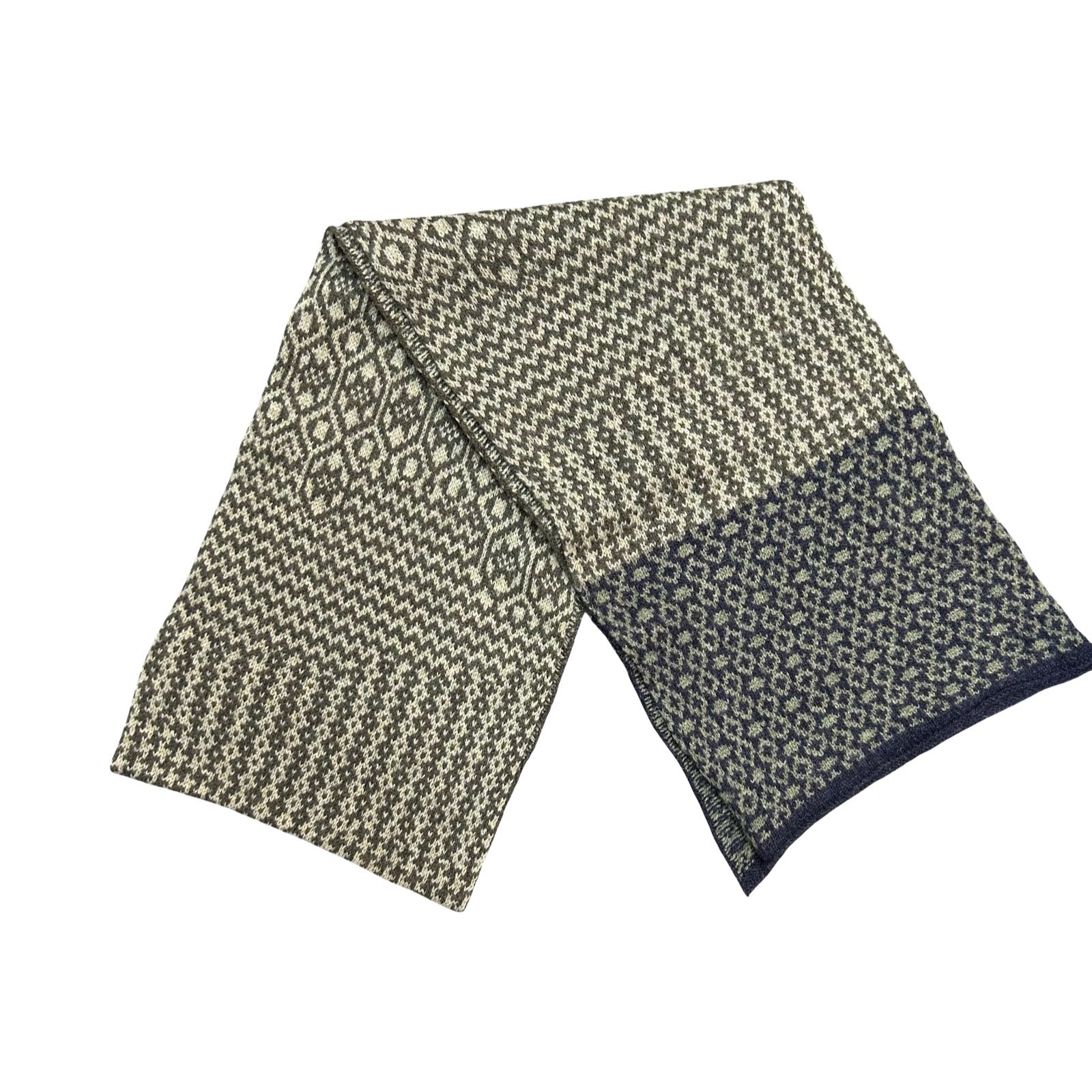 A cosy and soft 100% lambswool knitted scarf with an olive green and nav blue geometric design.