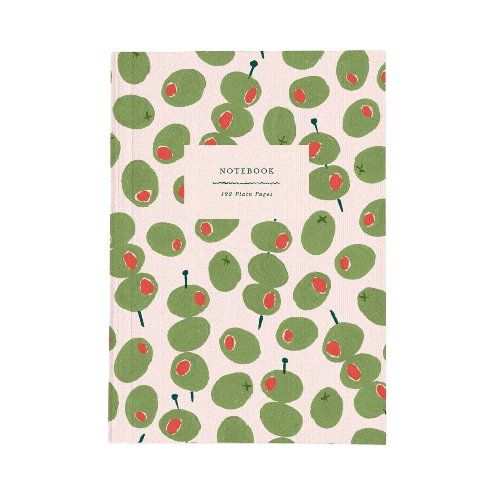 A notebook with a light pink cover decorated with a green olive pattern, featuring a white label in the centre that reads 'NOTEBOOK 192 Plain Paper'.