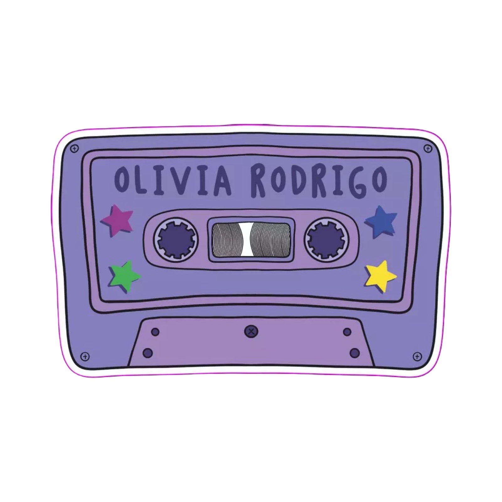 A rectangular-shaped sticker featuring an illustration of a retro cassette tape in dark and light purple with the title 'Olivia Rodrigo', decorated with colourful stars. 
