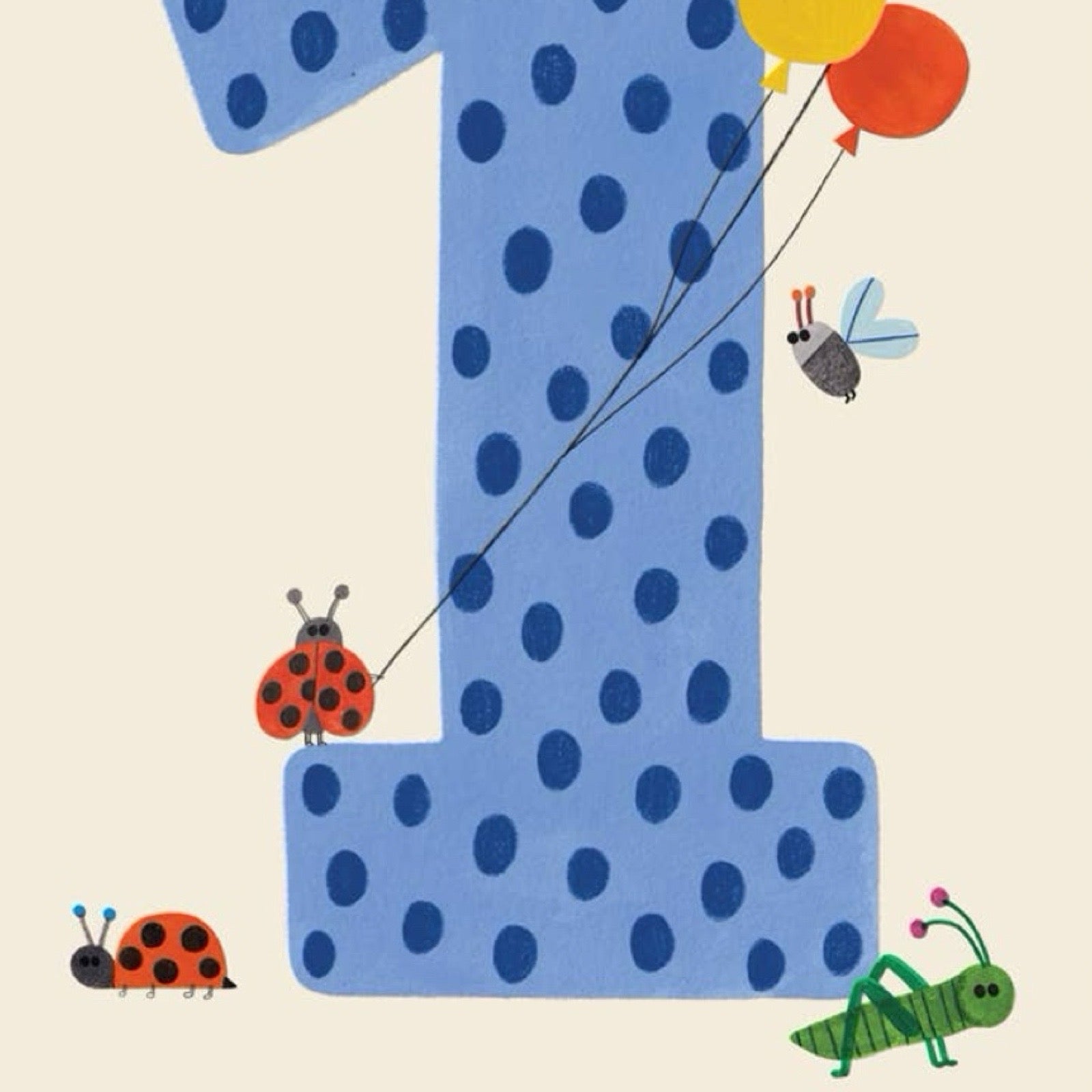 Blue polka dot number '1' with colorful balloons and small insects on a beige background.