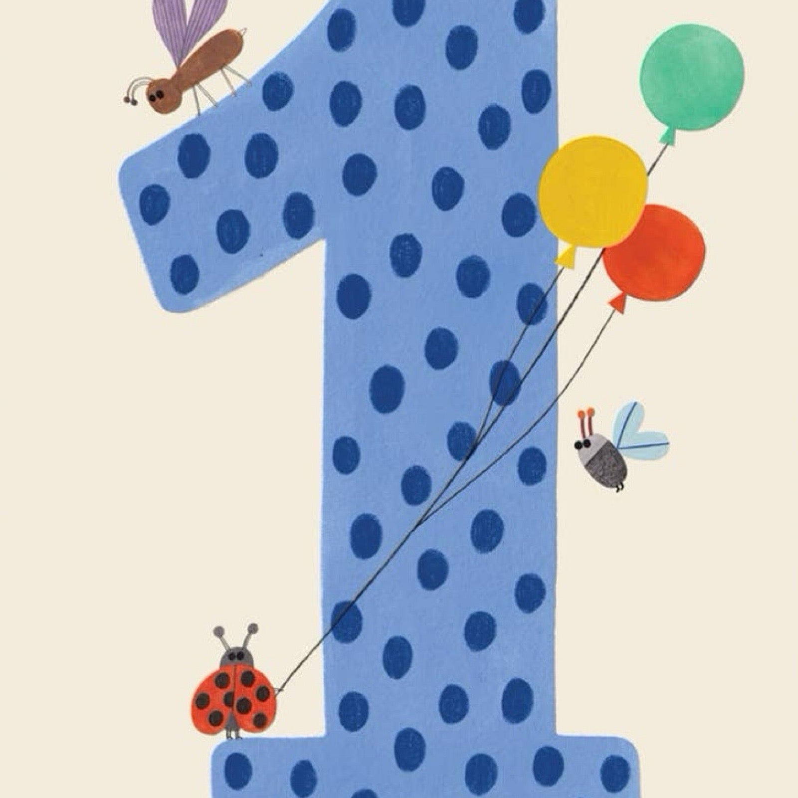 A gorgeous number 1 age card featuring a blue spotty 1 with cute insects and balloons.