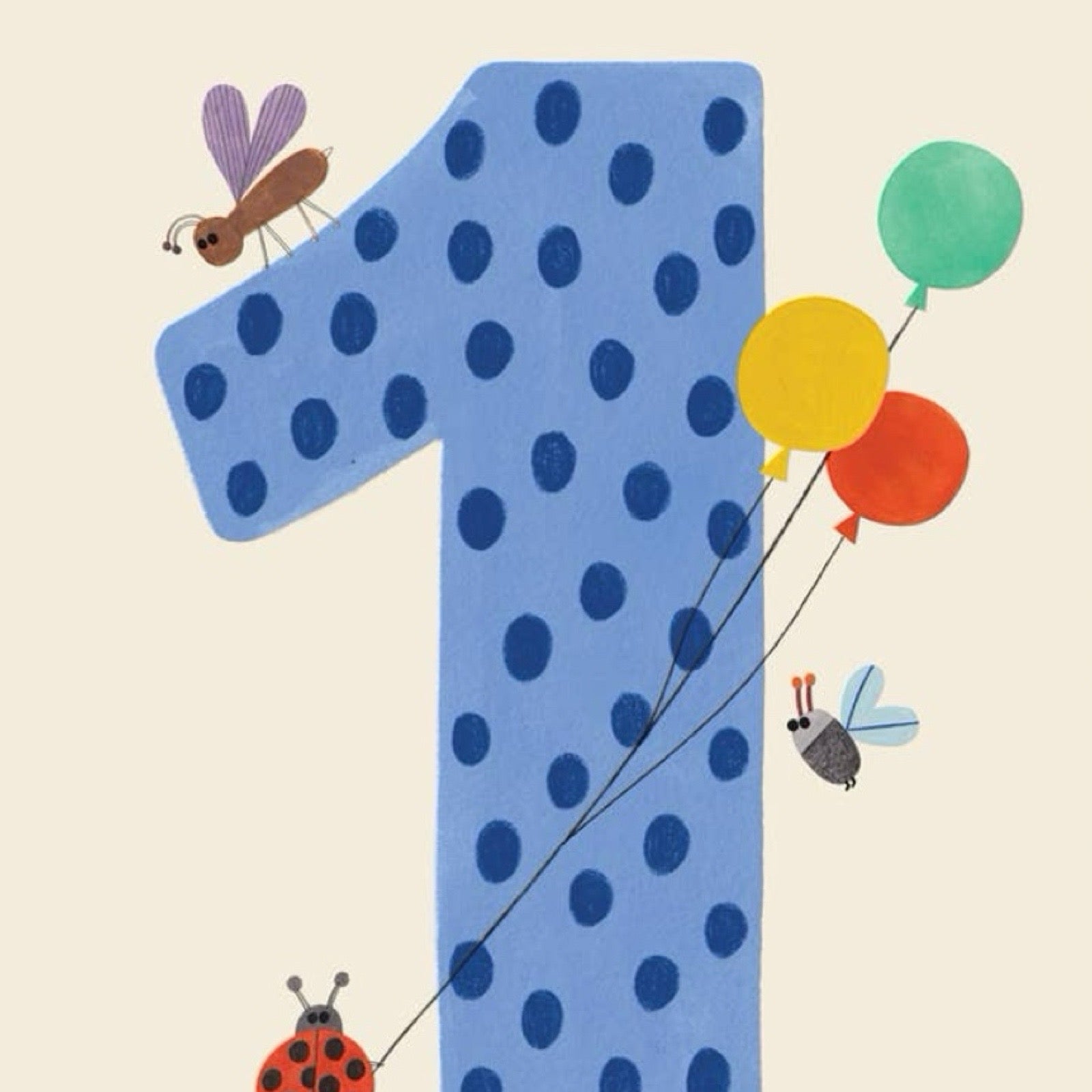 Blue polka dot number '1' with balloons and insects on a beige background.