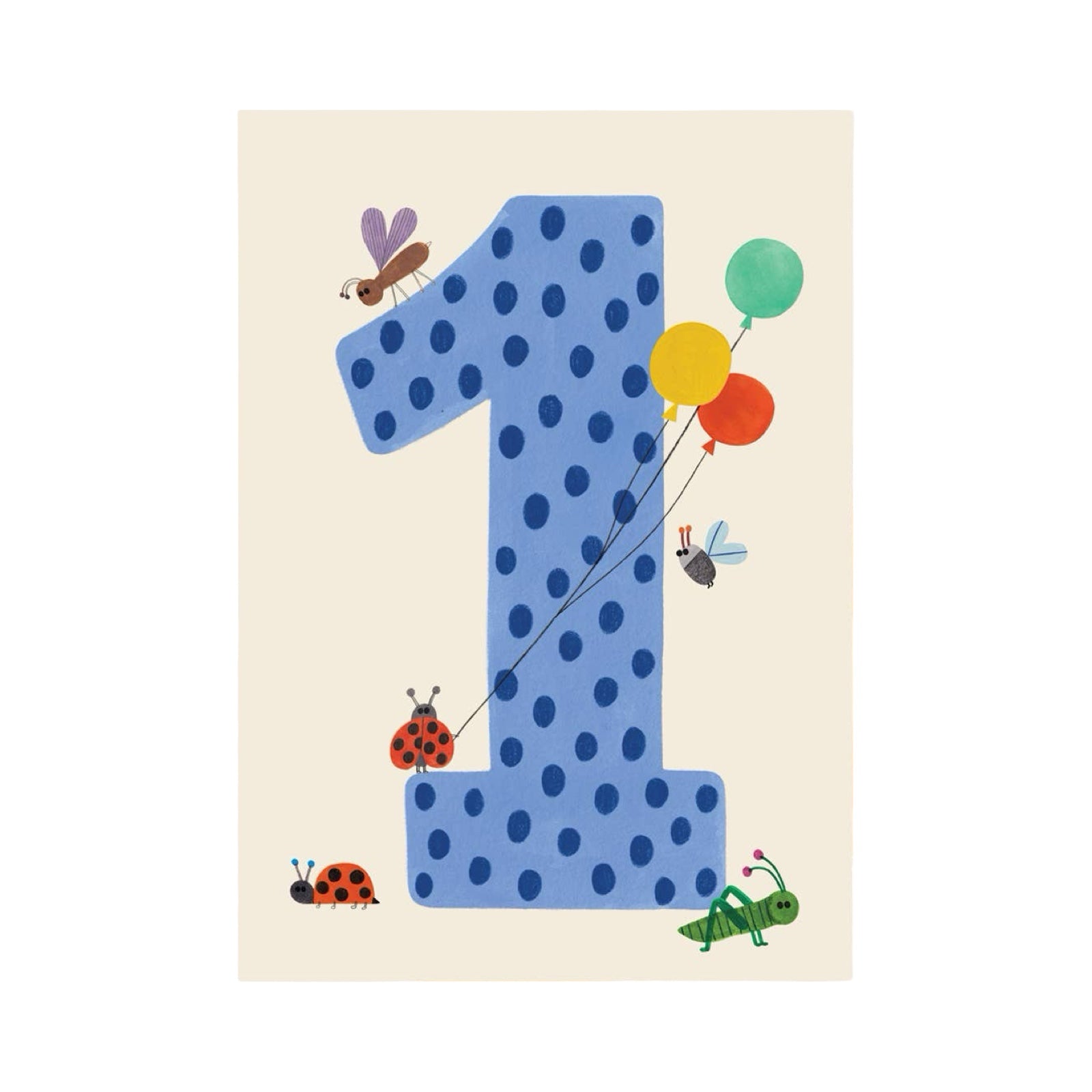 A gorgeous number 1 age card featuring a blue spotty 1 with cute insects and balloons.