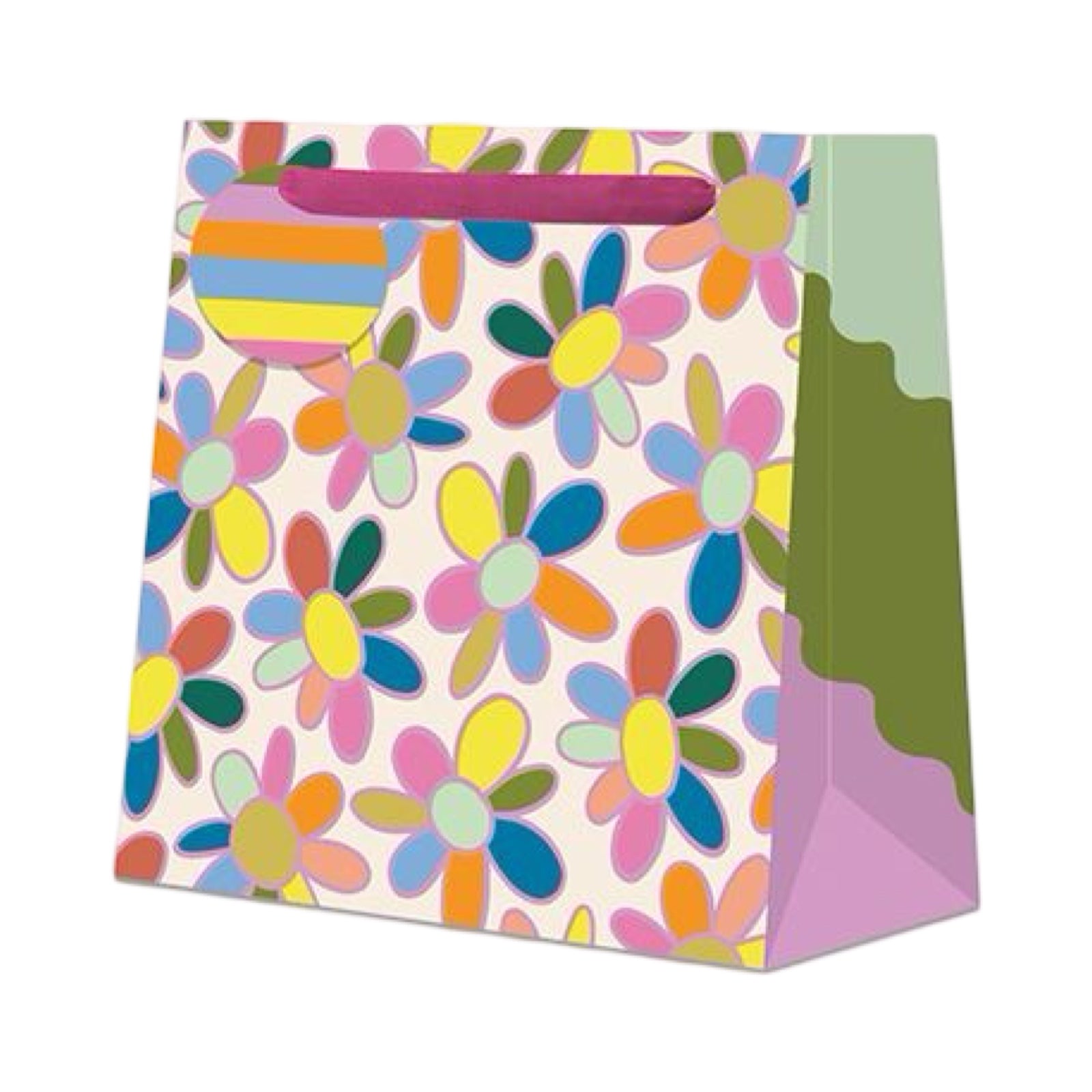 Small gift bag featuring colourful Ophelia flowers on a pale pink background, a deep pink ribbon handle and a stripey gift tag.