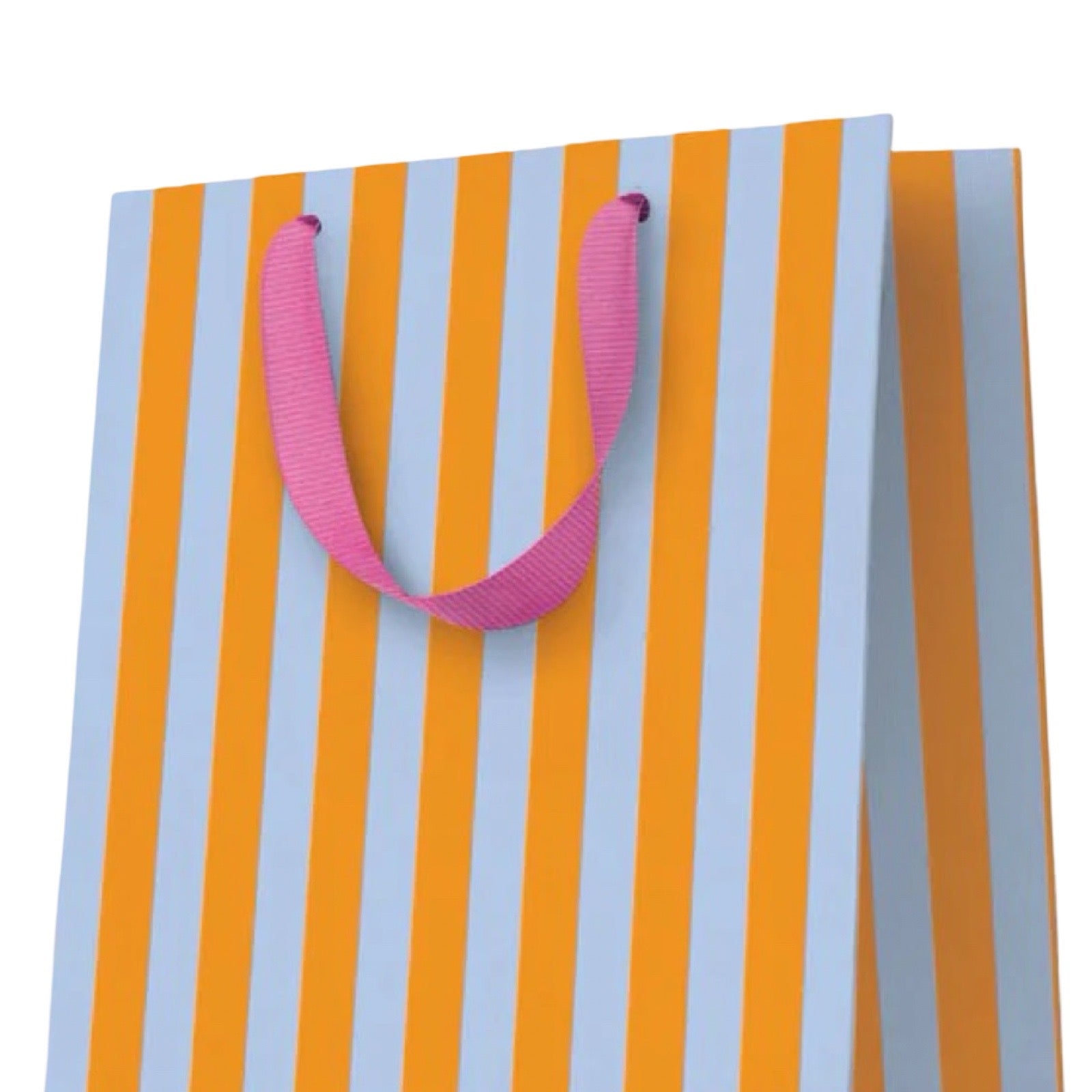 A striped gift bag with alternating light blue and orange vertical stripes, with pink ribbon handles, shown on a plain white background.