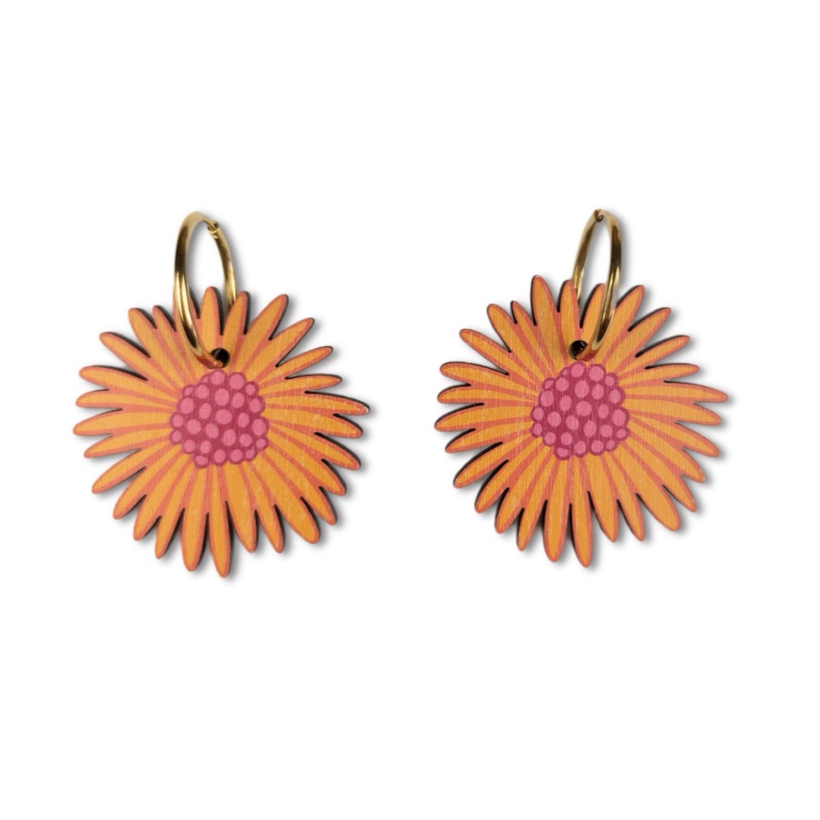 These wooden blossom-shaped earrings feature orange and yellow petals with a pink centre