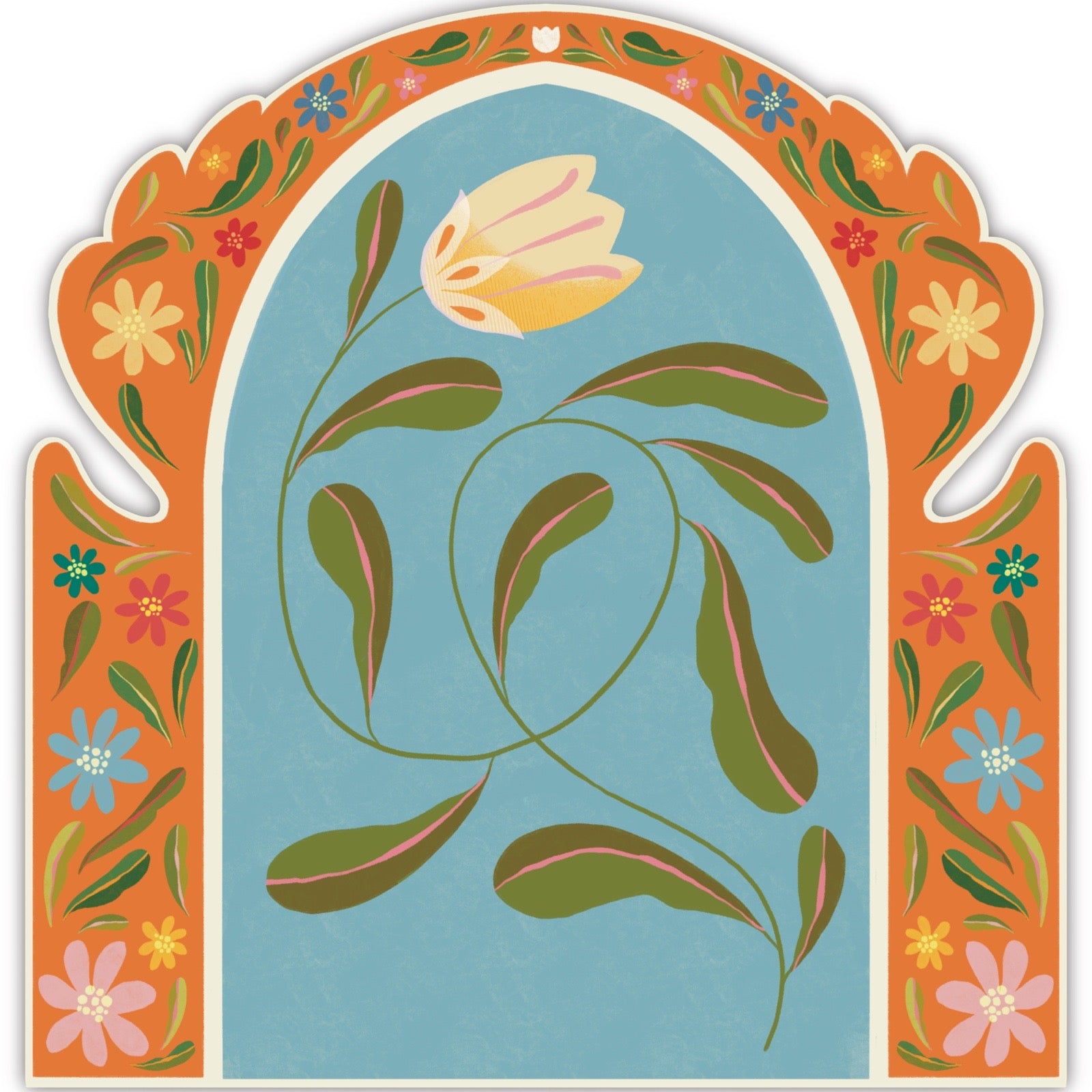 Decorative card with a flower design and colourful border on a blue background.