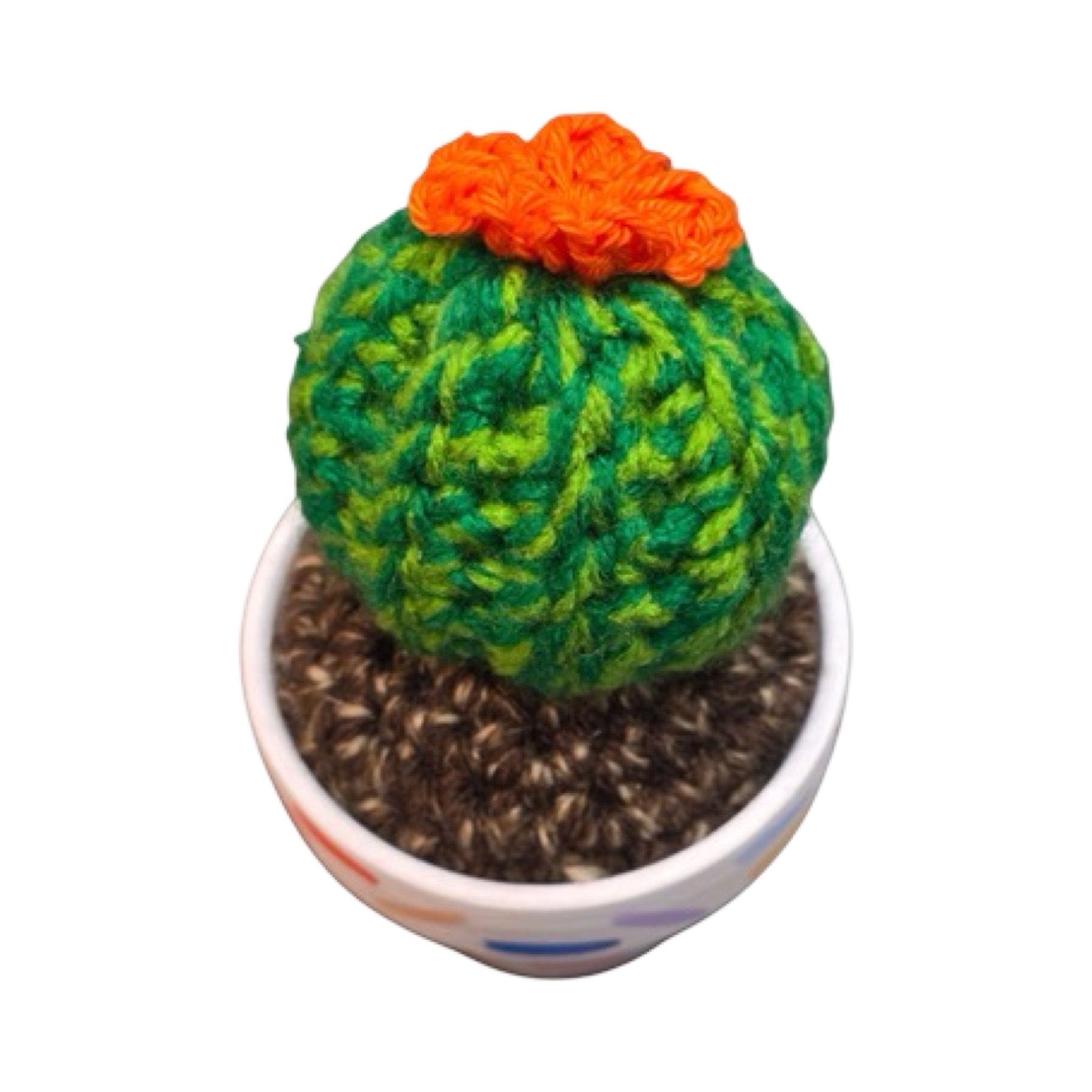Handmade round crochet cactus with an orange flower. 