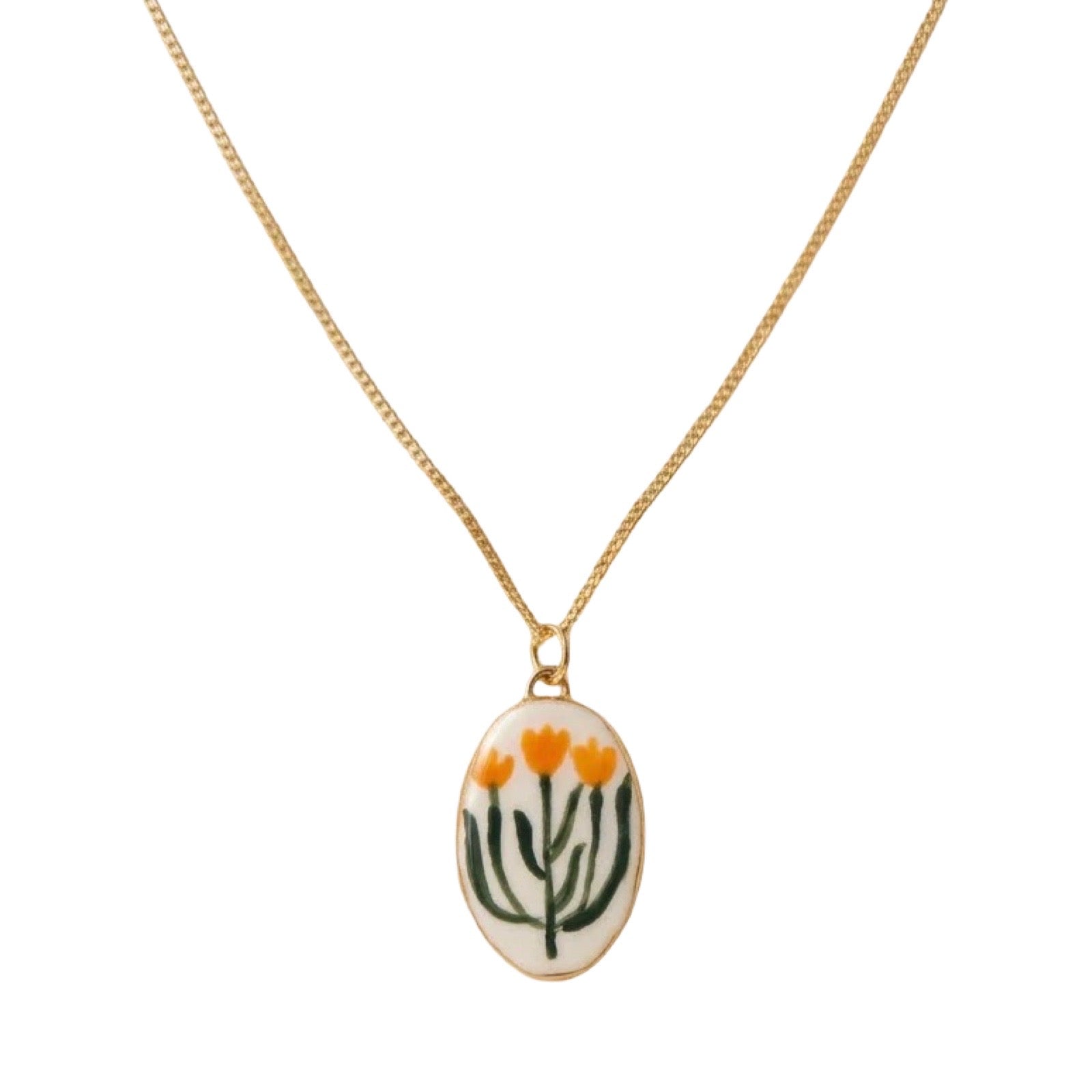 Necklace with a floral pendant on a white background.