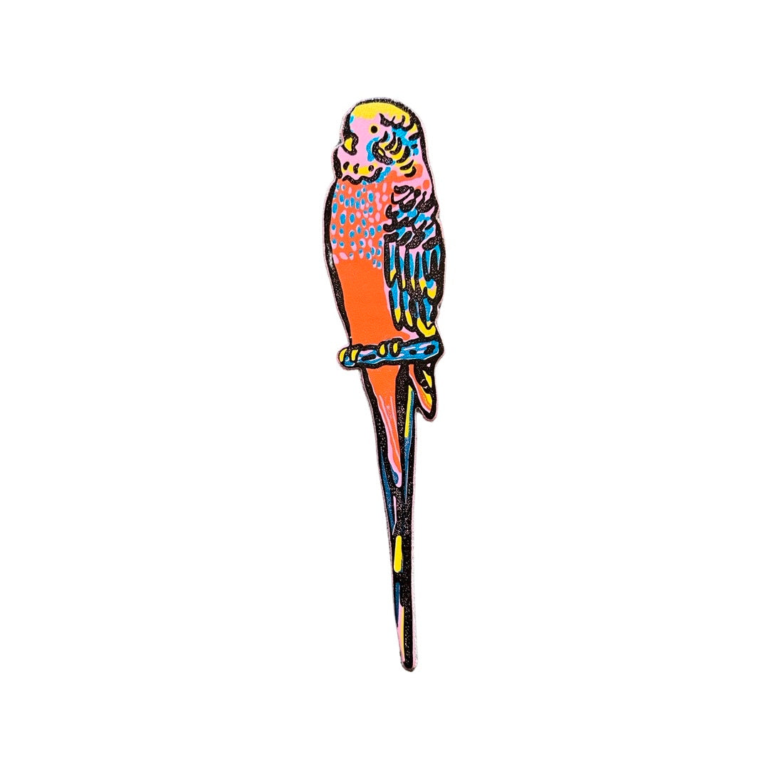 Leather budgie shaped bookmark in orange, blue and yellow