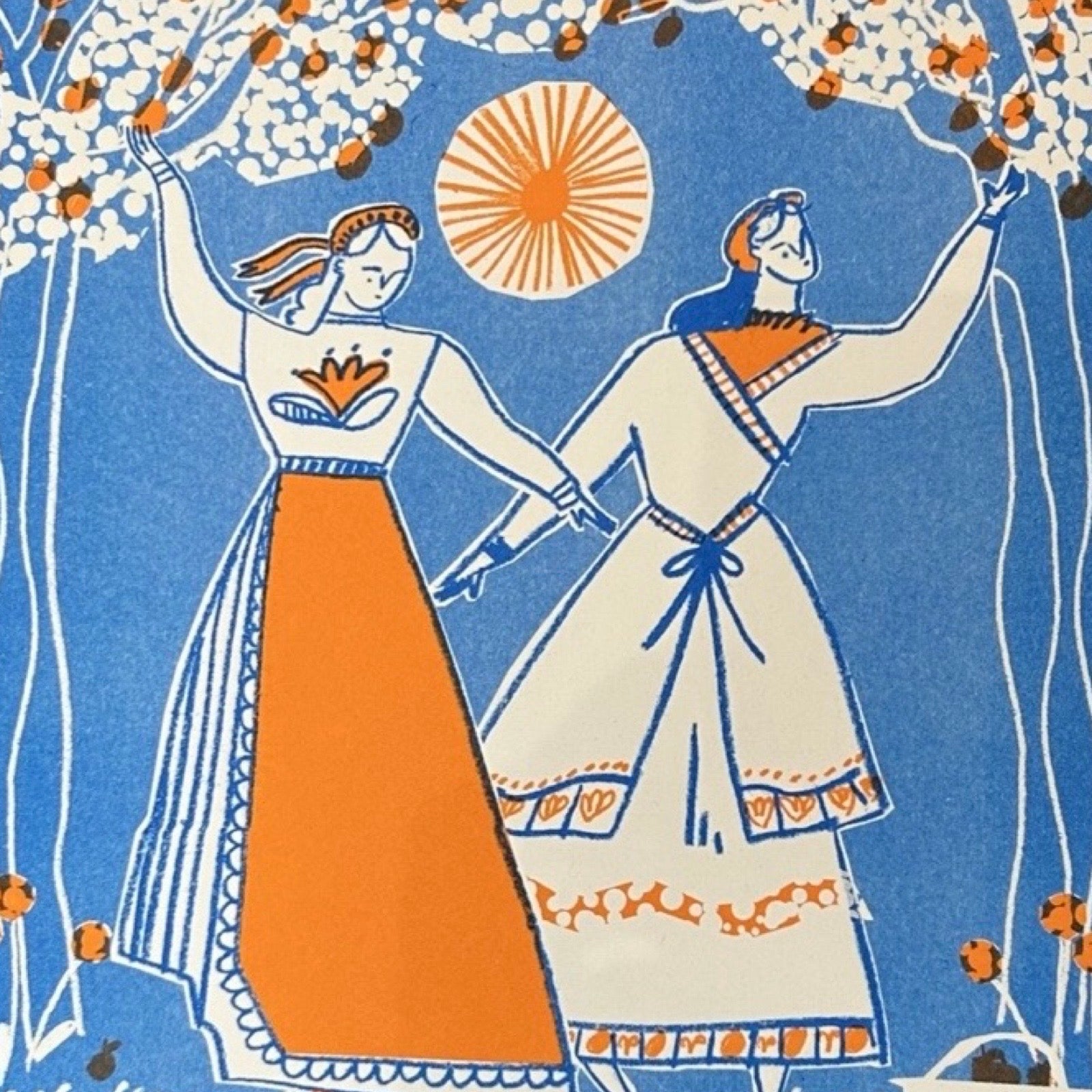 A3 Risograph print of two ladies picking oranges.  The colours of the print are sky blue, orange and whit.