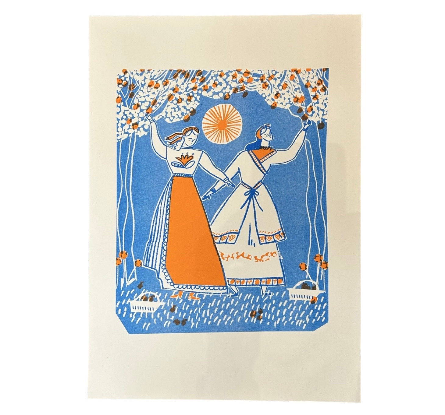 A3 Risograph print of two ladies picking oranges.  The colours of the print are sky blue, orange and whit.