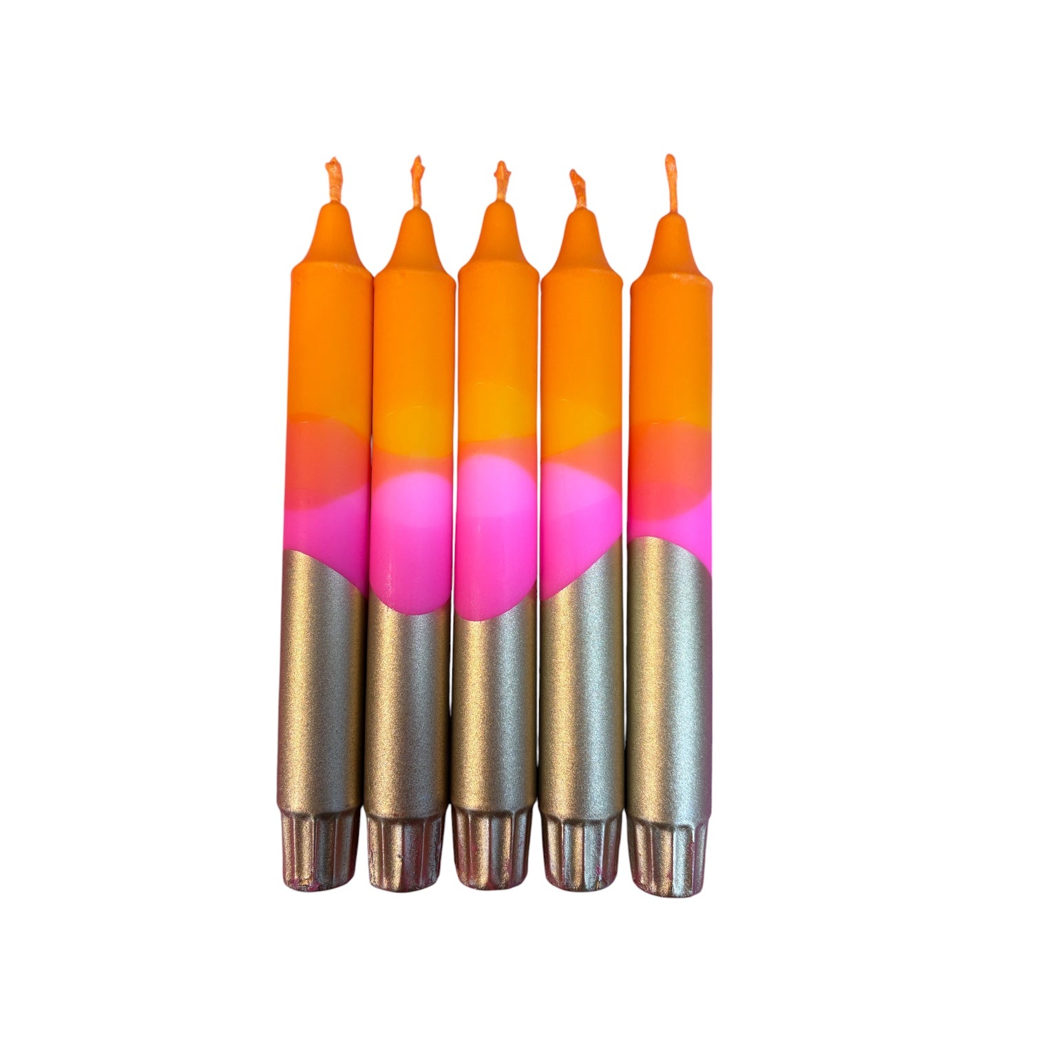 Five gradient candles with orange, pink, and gold colors on a white background