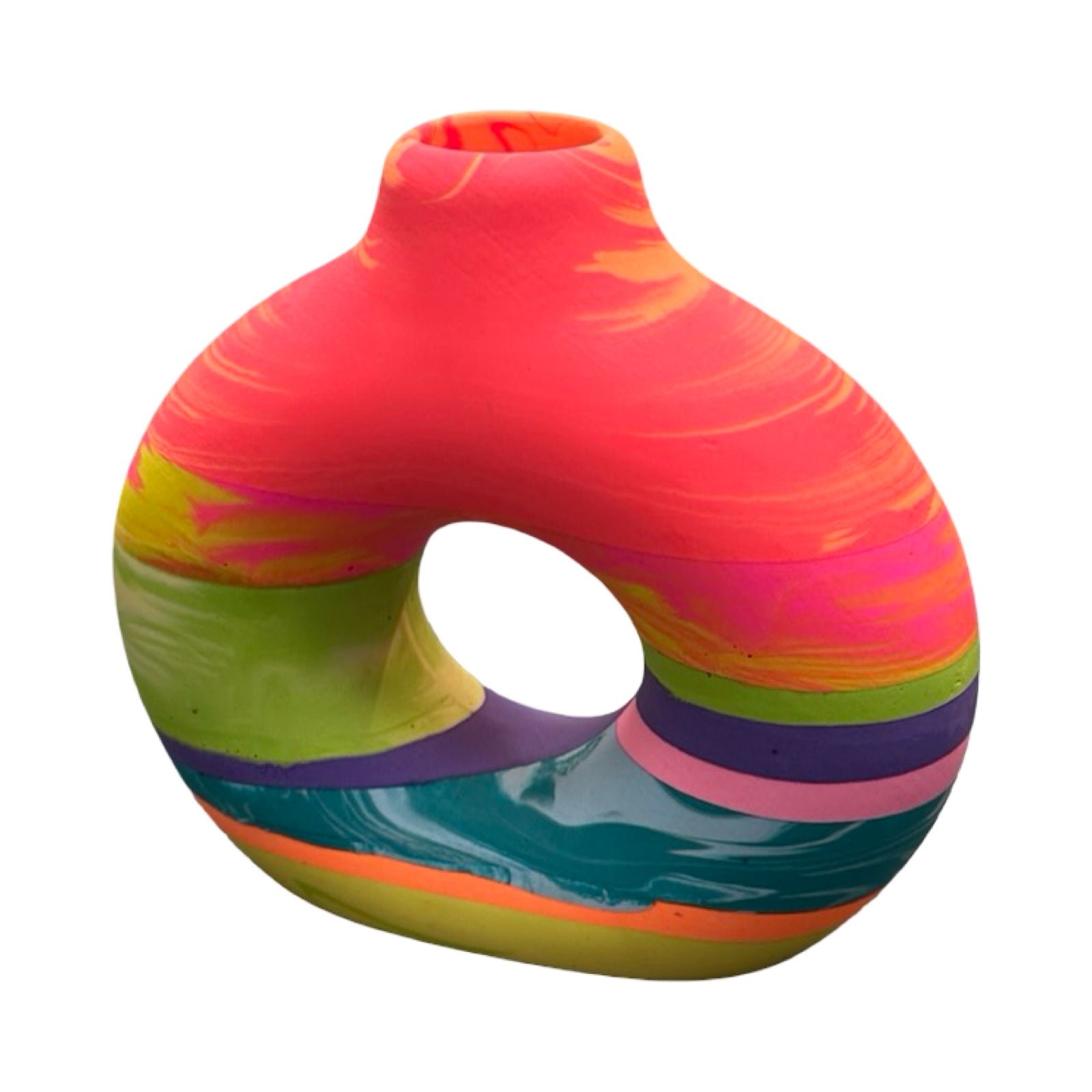 Colorful vase with a circular design on a white background.